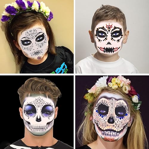 Calcomanías de joyas de Halloween para la cara, decoraciones de gemas de cara de Halloween, tatuajes temporales de calavera del día de los muertos, disponible en Yaxa Peru