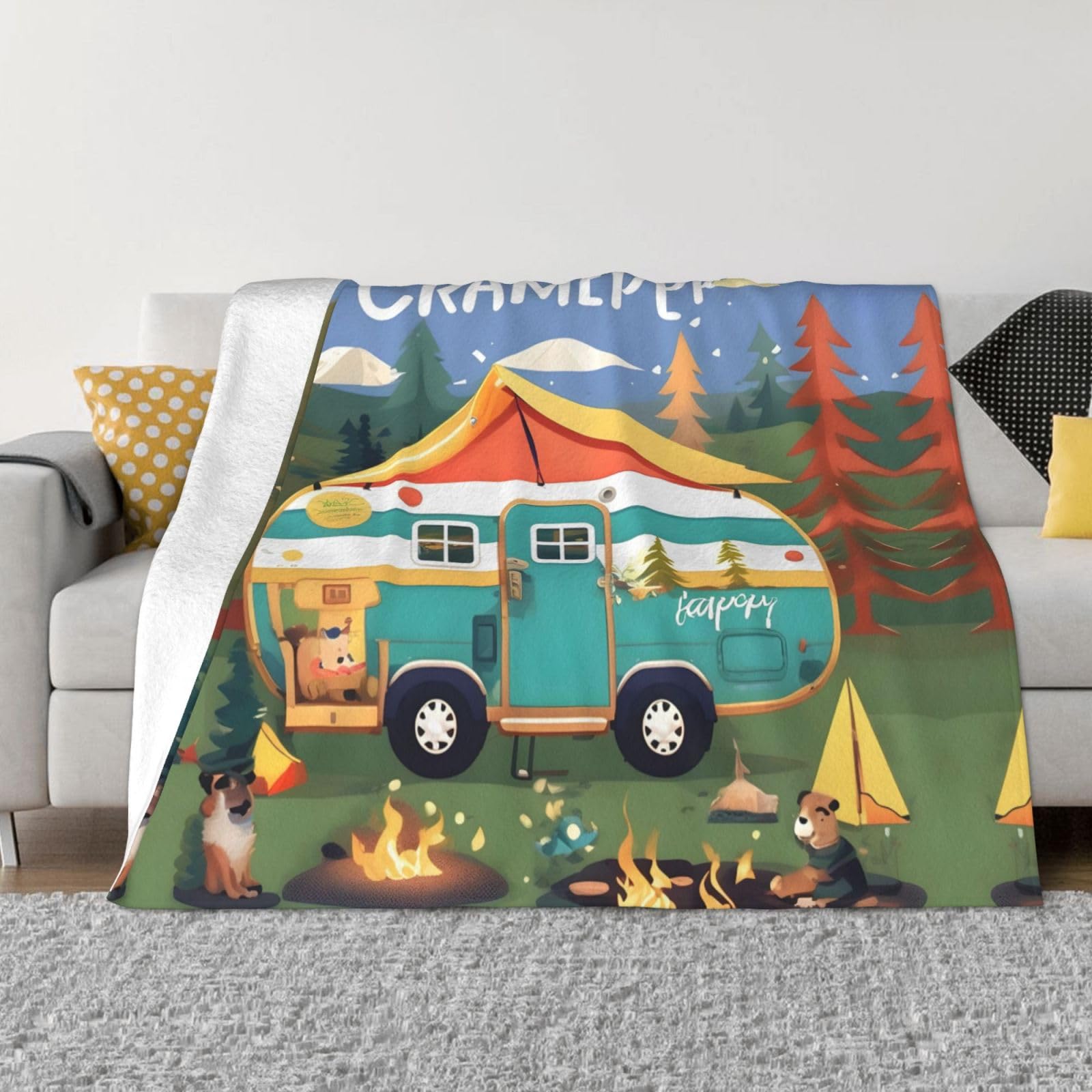 Couverture polaire flanelle Happy Camper plaid canapé et lit doux