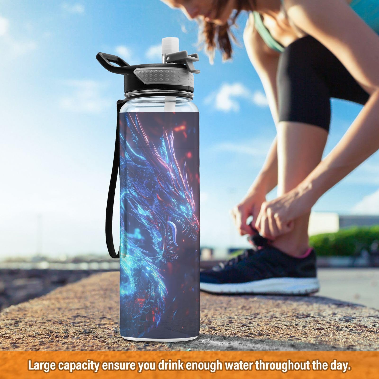 ALAZA Wasserflasche mit Strohhalm, auslaufsicher, Tritan, transparent, Motiv: Monster Drache, Kinder-Wasserflasche für Schule, Outdoor, Sport, Trinken, 900 ml, Rot / Blau