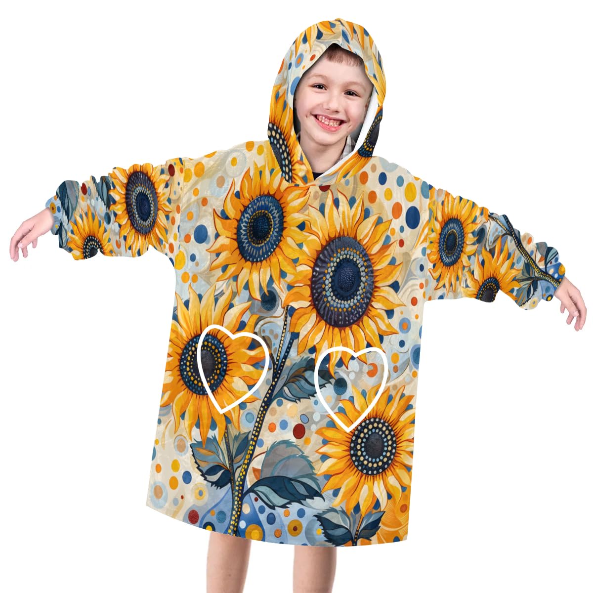 Pardick Wearable Blanket Hoodie for Kids, Cute Sunflowers Fleece Sweatshirt Blanket Oversized Blanket Sweatshirt with Pocket Flannel Warm Hooded Blanket 6-10 Year Old Girl Boy Gift, One Size