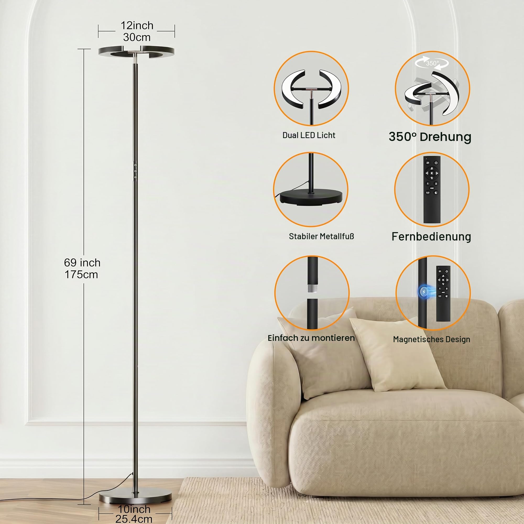 Stehlampe Wohnzimmer, Mukuxin 36W Deckenfluter mit Fernbedienung & Touch-Steuerung, 3000-6000K 2600lm Stehlampe mit 2 Leuchtenköpfen, Moderne Dimmbar Standleuchte für Wohnzimmer Schlafzimmer Büro