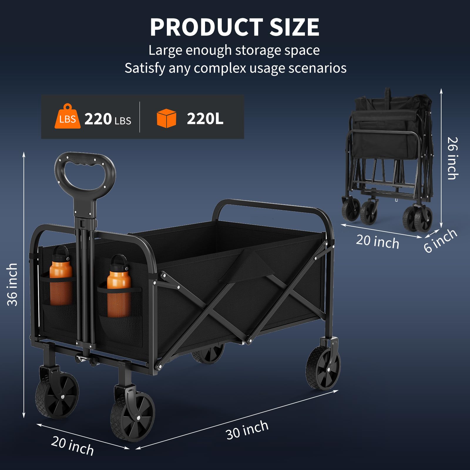 Garvee Carrello multiuso pieghevole con ruote fuoristrada, portabevande e maniglia regolabile, carrello per la spesa portatile, 99 kg, per shopping, campeggio, giardino, nero