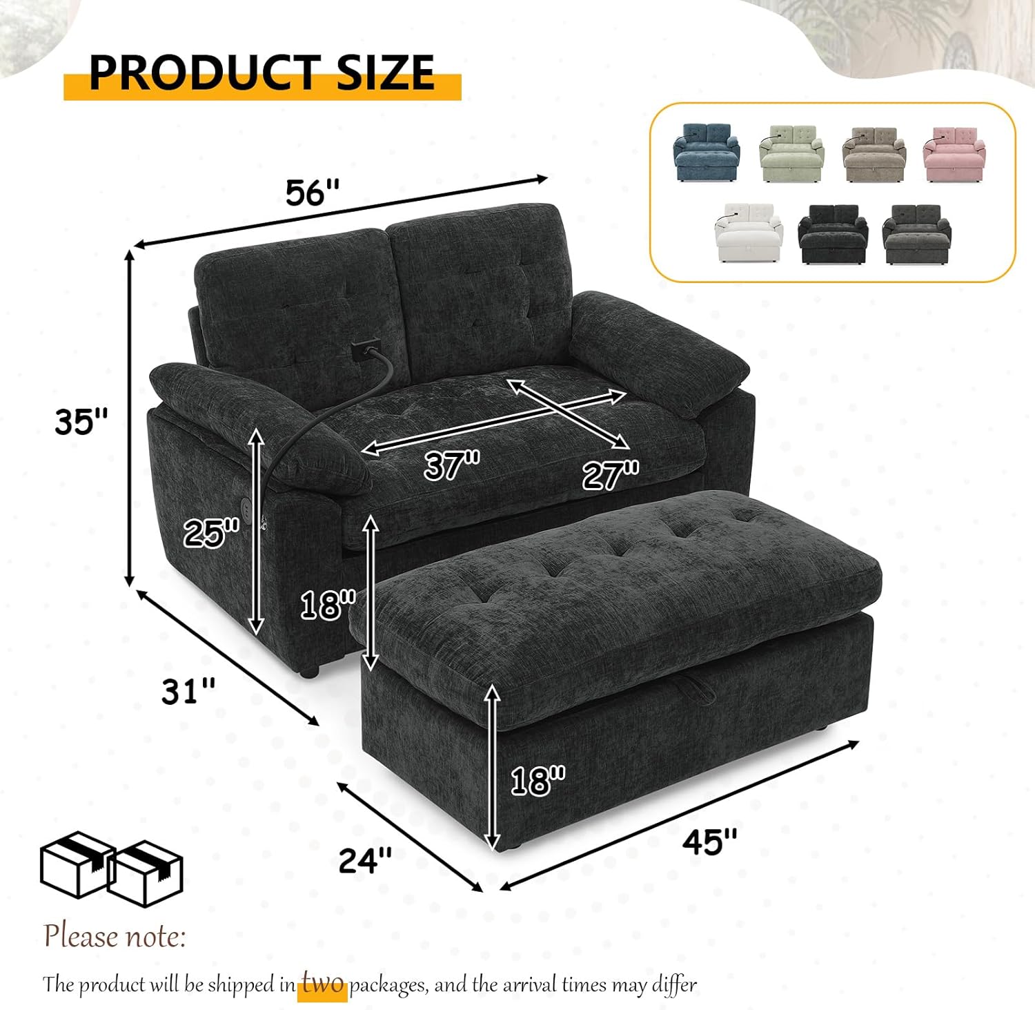 56” Chaise Lounge Chair with Ottoman, Oversized Loveseat Reading Accent Comfy Chenille Tufted Sofa with Storage & USB Charging, Adjustable Backrest Sofa Chaise w/ Phone Holder & Padded Arms, Black