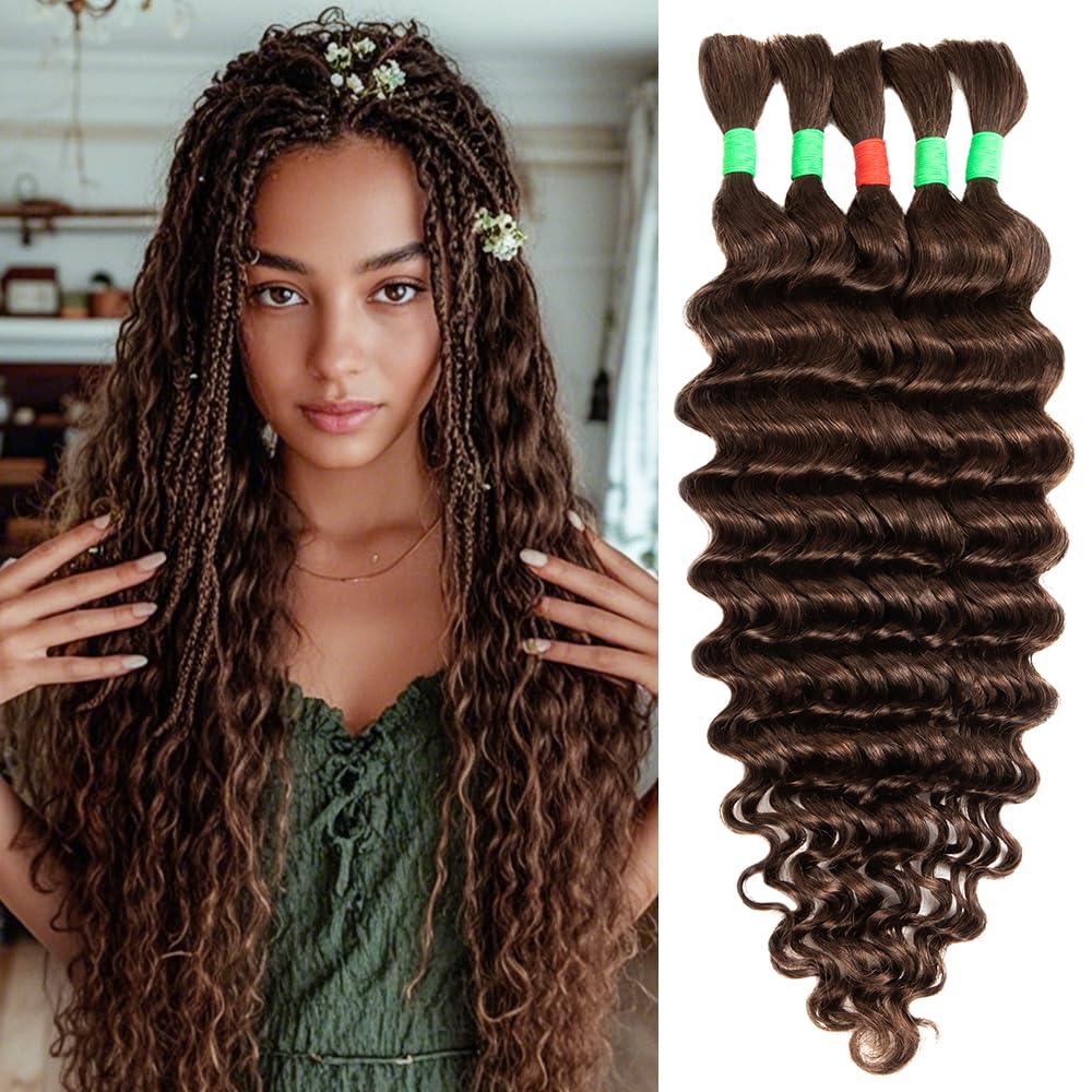 Boho Human Hair Braiding Extensions: Deep Wave Curly Bundles, No Weft, 18inch, 5 Pieces, 100g, #4 Light Brown