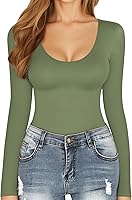 Vista 66 de MANGOPOP Long Short Sleeve Bodysuits for Women Scoop Neck Ribbed Body Suit Stretchy Basic T Shirt Tops
