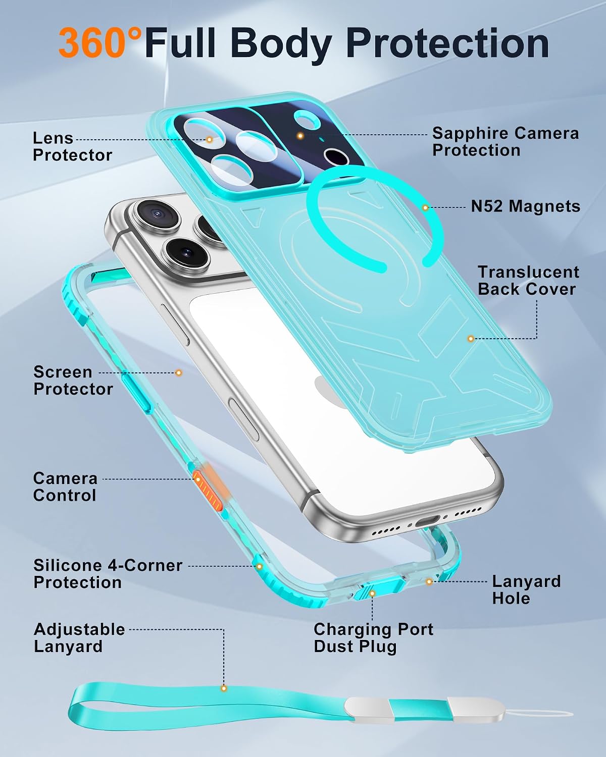 for iPhone 17 Pro Waterproof Case with Magsafe, Built-in [Camera & Screen Protector] [Lanyard], IP68 Water Proof Full Body Dustproof Heavy Duty Frosted Protective Phone Cover, 6.3" Teal