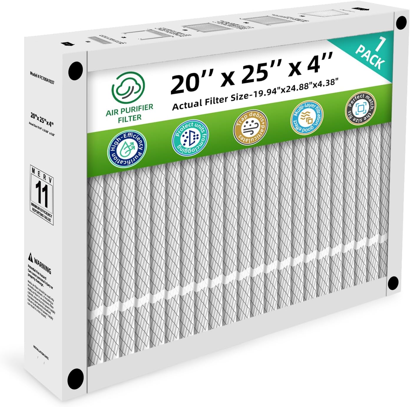 20x25x4 Furnace Filter MERV 11 Compatible with Honeywell FC100A1037,HVAC Foldable (Actual Size: 19.94 x 24.88 x 4.38 In) (1-Pack)