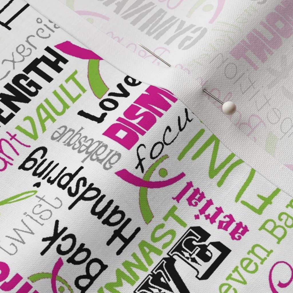 Spoonflower Fabric - Gymnastics Words Pink Green Gymnast Printed on Petal Signature Cotton Fabric by The Yard - Sewing Quilting Apparel Crafts Decor