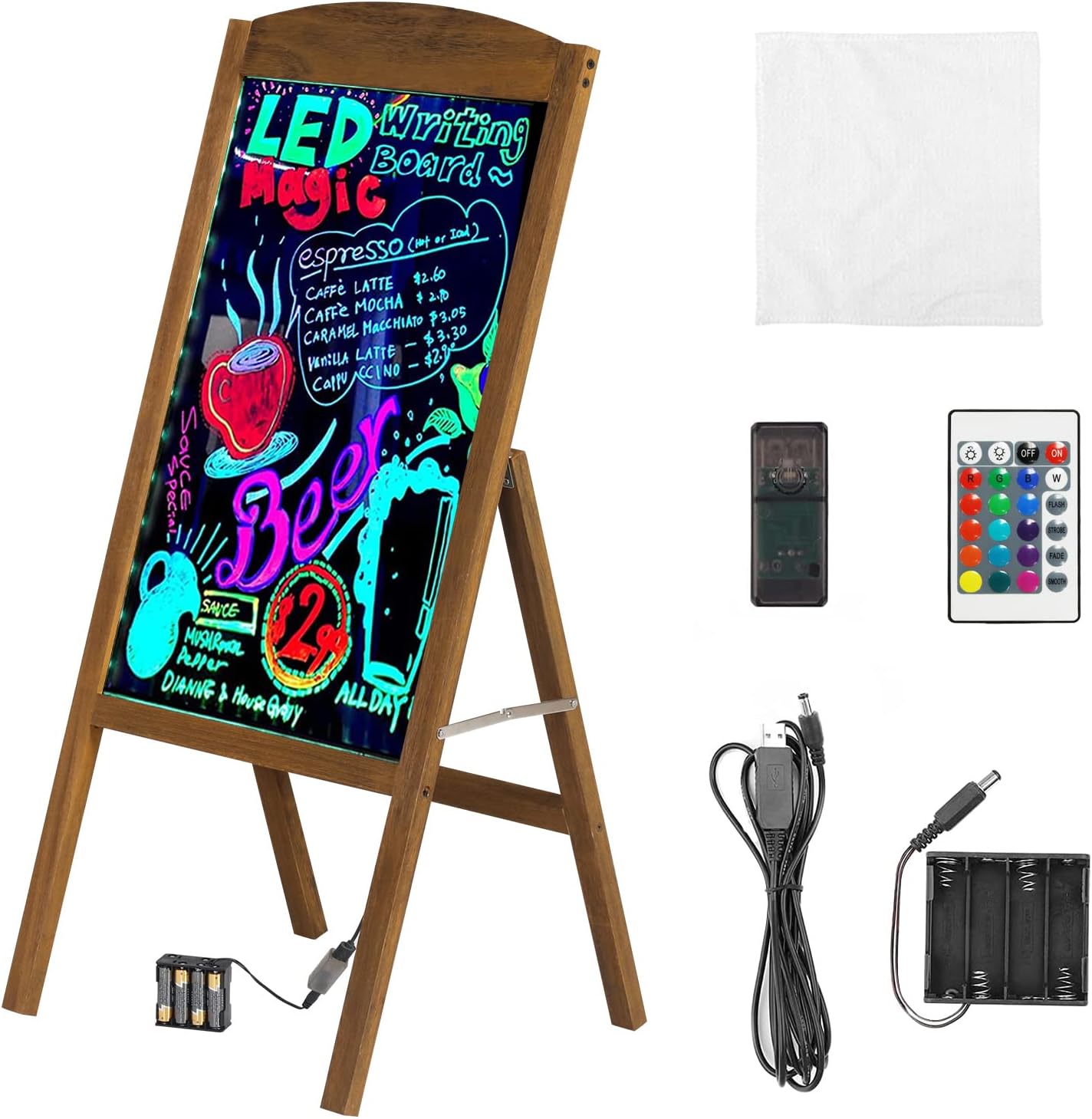 BORWART LED Drawing Chalk Board: Large Single Sided Dry Erase Neon Sign with Stand - Wooden Message Chalkboard Display with 15 Light Colors 4 Flashing Mode for Kids, Restaurant Menu, Bar, Celebration