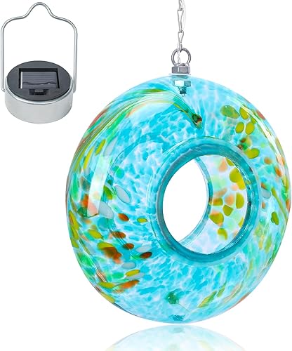 Miniatura 13 de VCUTEKA Comedero Solar para Pájaros Fly Through para Exteriores Colgante con Recipiente de Vidrio de Forma Redonda para Atraer Más Aves Silvestres