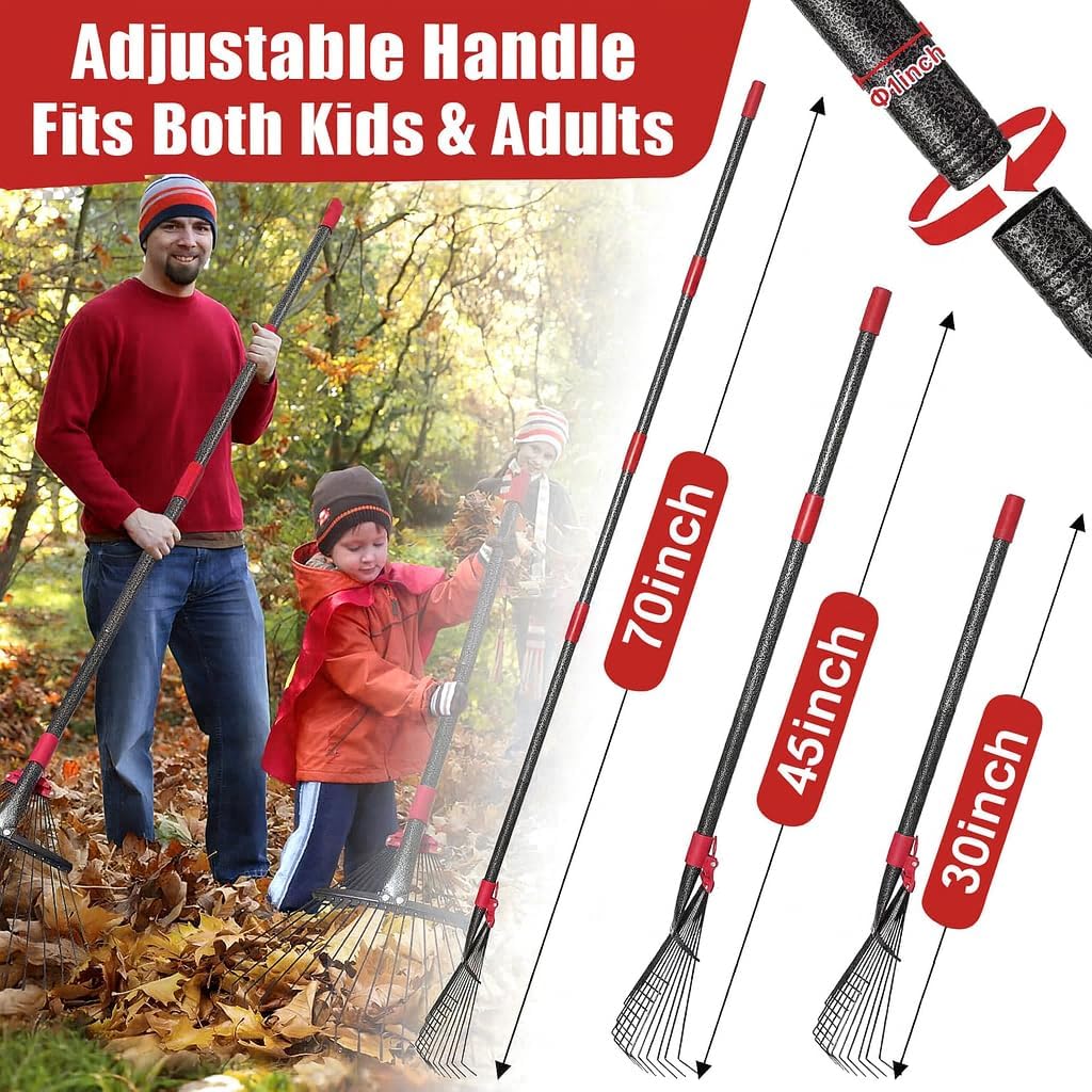 Collapsible Rake for Leaves - 70" Adjustable Long Handle Yard Rake, Expandable Metal Steel Head (8”-17”), Garden Leaf Rakes for Gardening Beds, Lawn,Narrow Shrub,Pine Needle,Outdoor Camping