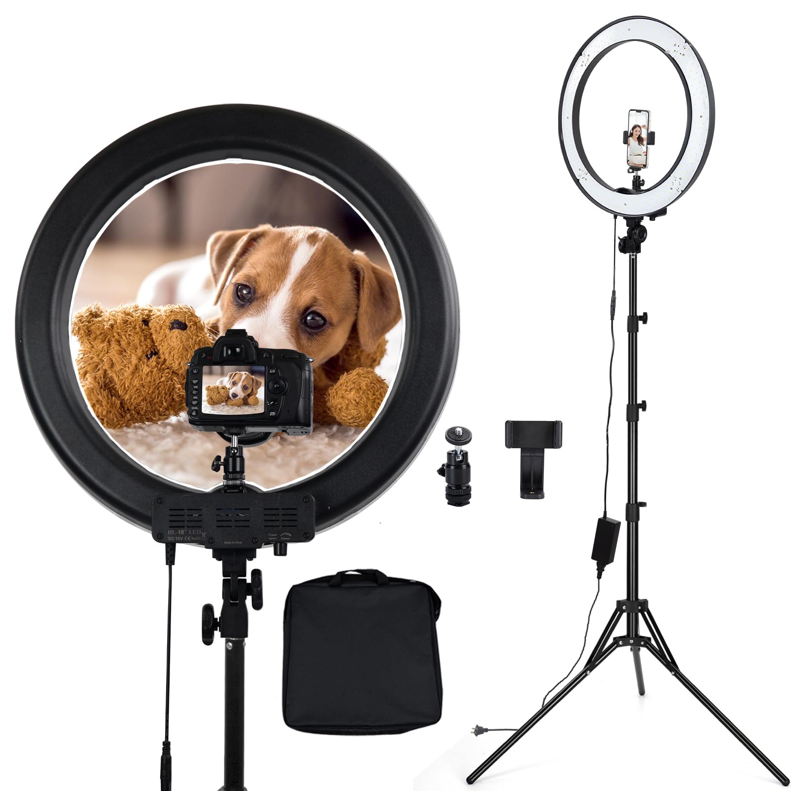 Lampa pierścieniowa LED 45.7 cm z regulowanym stojakiem, temperatura barwowa 3200-5500 K, zasilanie USB, uchwyt na telefon, pilot zdalnego sterowania do fotografii, makijażu, filmów na YouTube