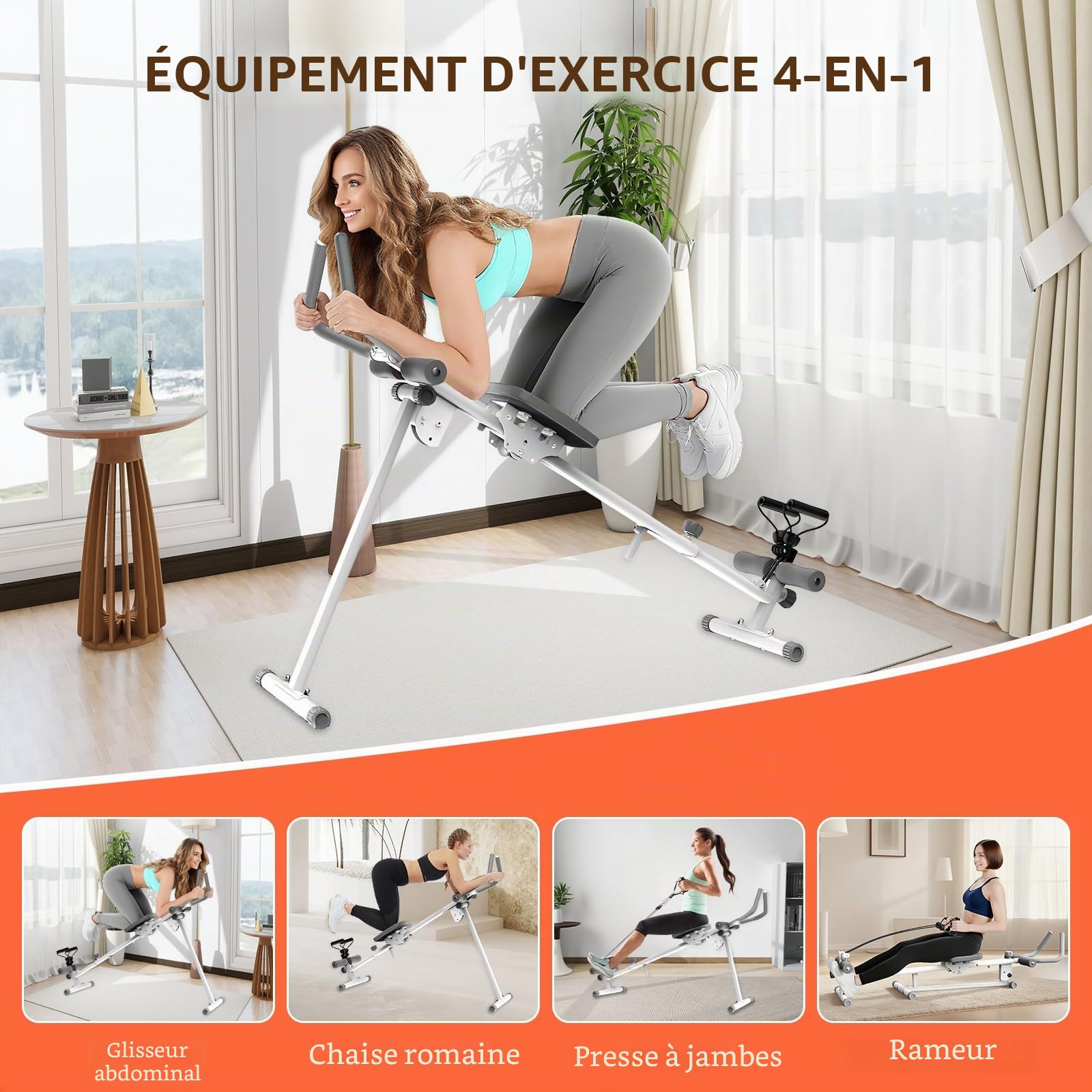 Rameur pour la maison, équipement d'exercice 4 en 1, rameur de fitness pliable, machine de presse de jambes/machine abdominale/chaise romaine, équipement d'intérieur pour salle de sport à domicile