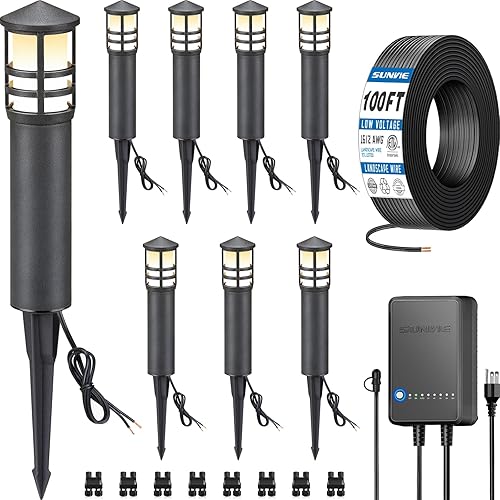 SUNVIE Kit de iluminación LED todo en uno, paquete de 8 luces de camino de bajo voltaje con transformador y cable 162 AWG de 100 pies, luces de