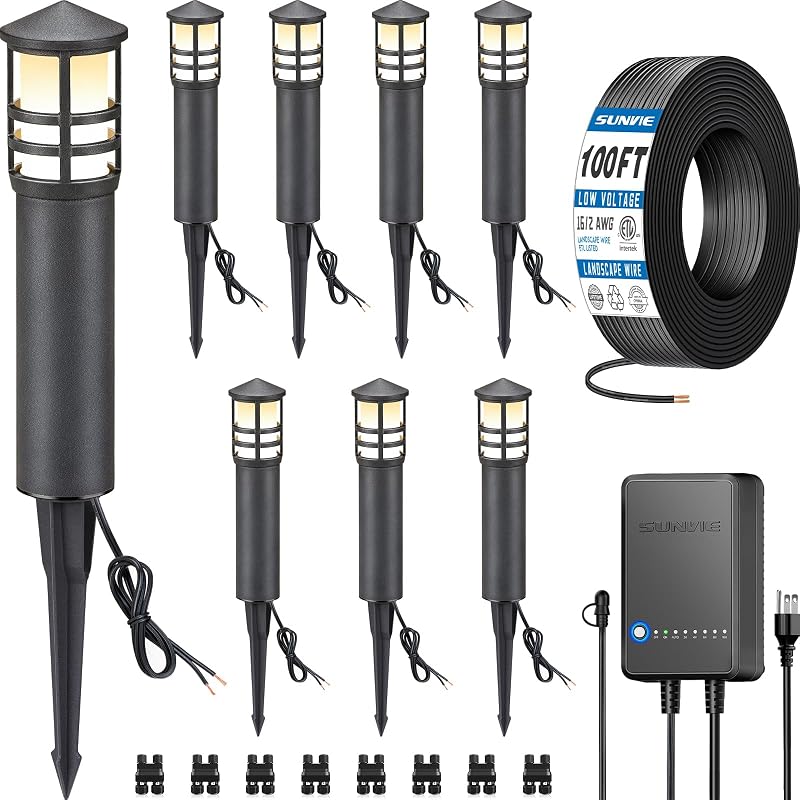 All-in-One LED Landscape Lighting Kit, 8-Pack Low Voltage Pathway Lights with Transformer and 100FT 16/2 AWG Wire, 3000K Waterproof Landscape Lights with Connectors for Walkway Garden Yard