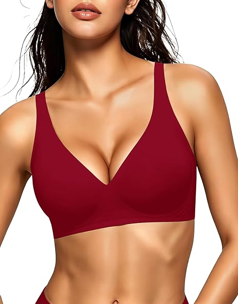 GAILIFE BRA in deep red, a deep V-neck jelly bra with wireless design, offering seamless push-up support and full coverage, ideal for plunge-neckline outfits.
