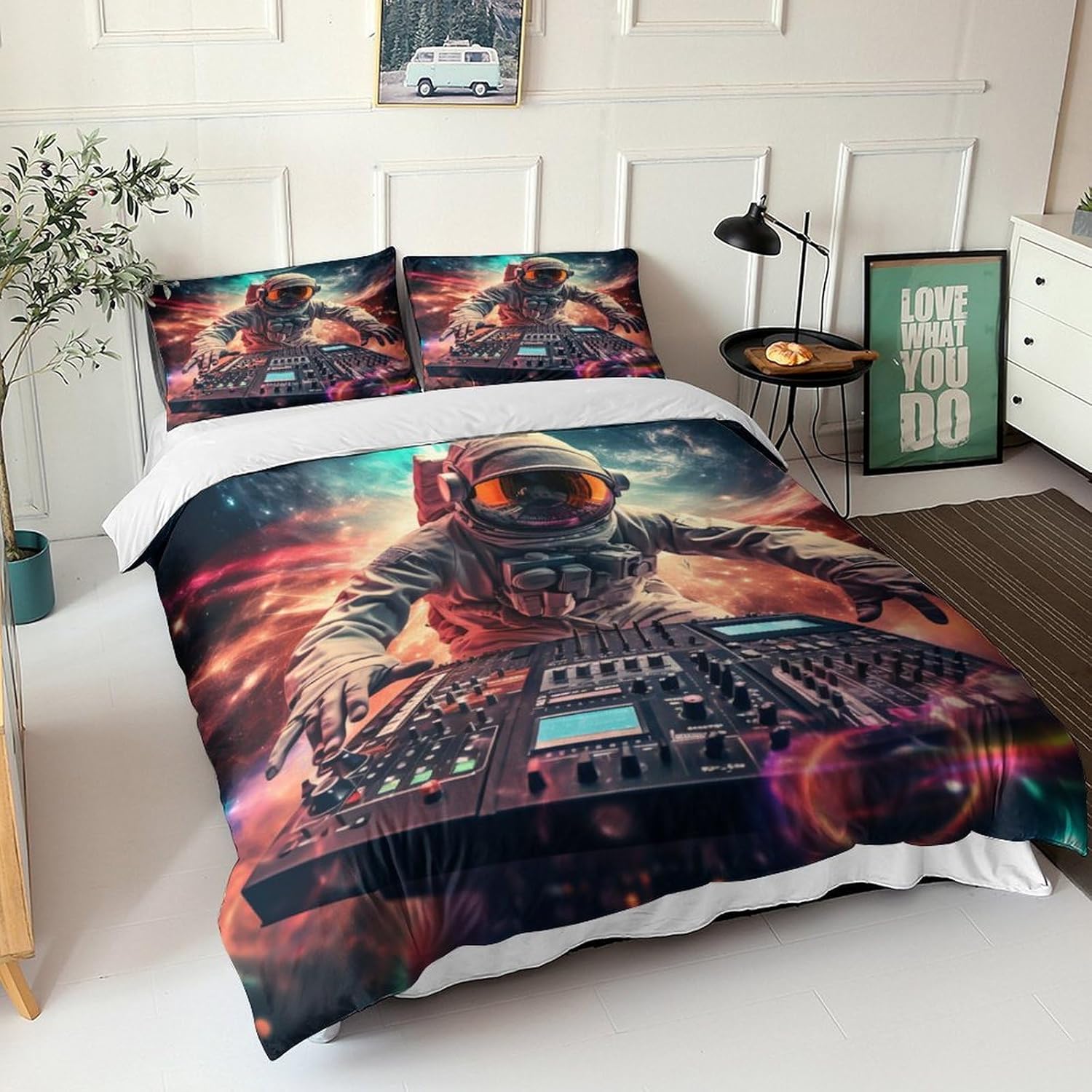 Astronaut DJing 3D Druck BettbezugSet Weiches MikrofaserCartoon Art