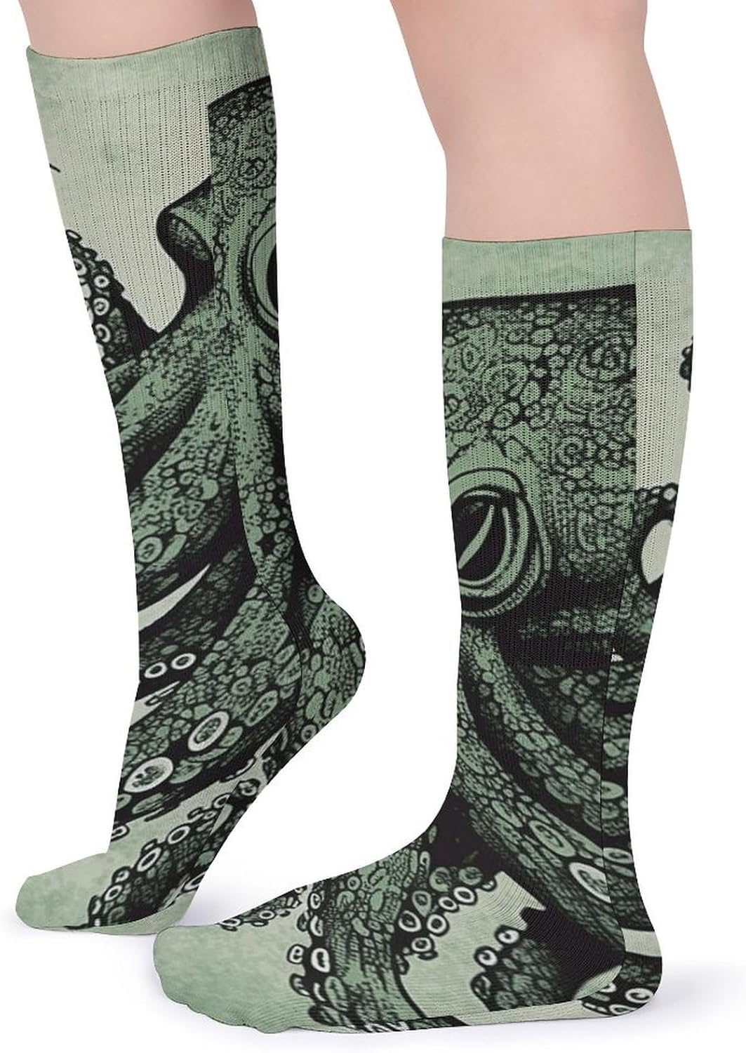 5-Pack Knee High Socks, 15.7 Inch Breathable Casual Socks Green Octopus Stockings for Men Women