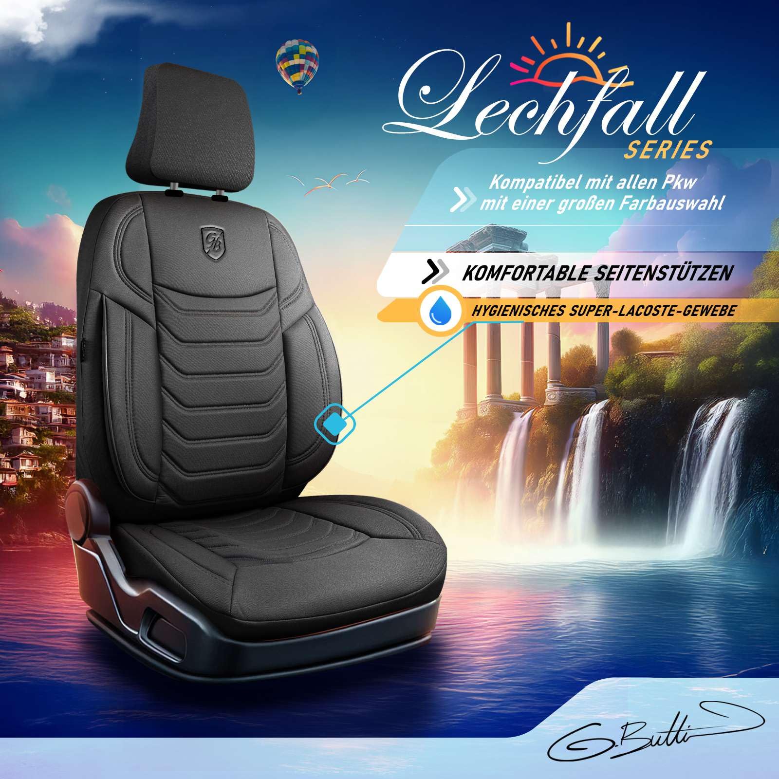 Autositzbezüge Universal für PKW & SUV – Premium Vordersitze Auto Sitzbezug aus Lacoste-Stoff, Schwarz, Airbag-Kompatibel Sitzauflage, Autoschonbezug, Vordersitz-Set inkl. Montageset
