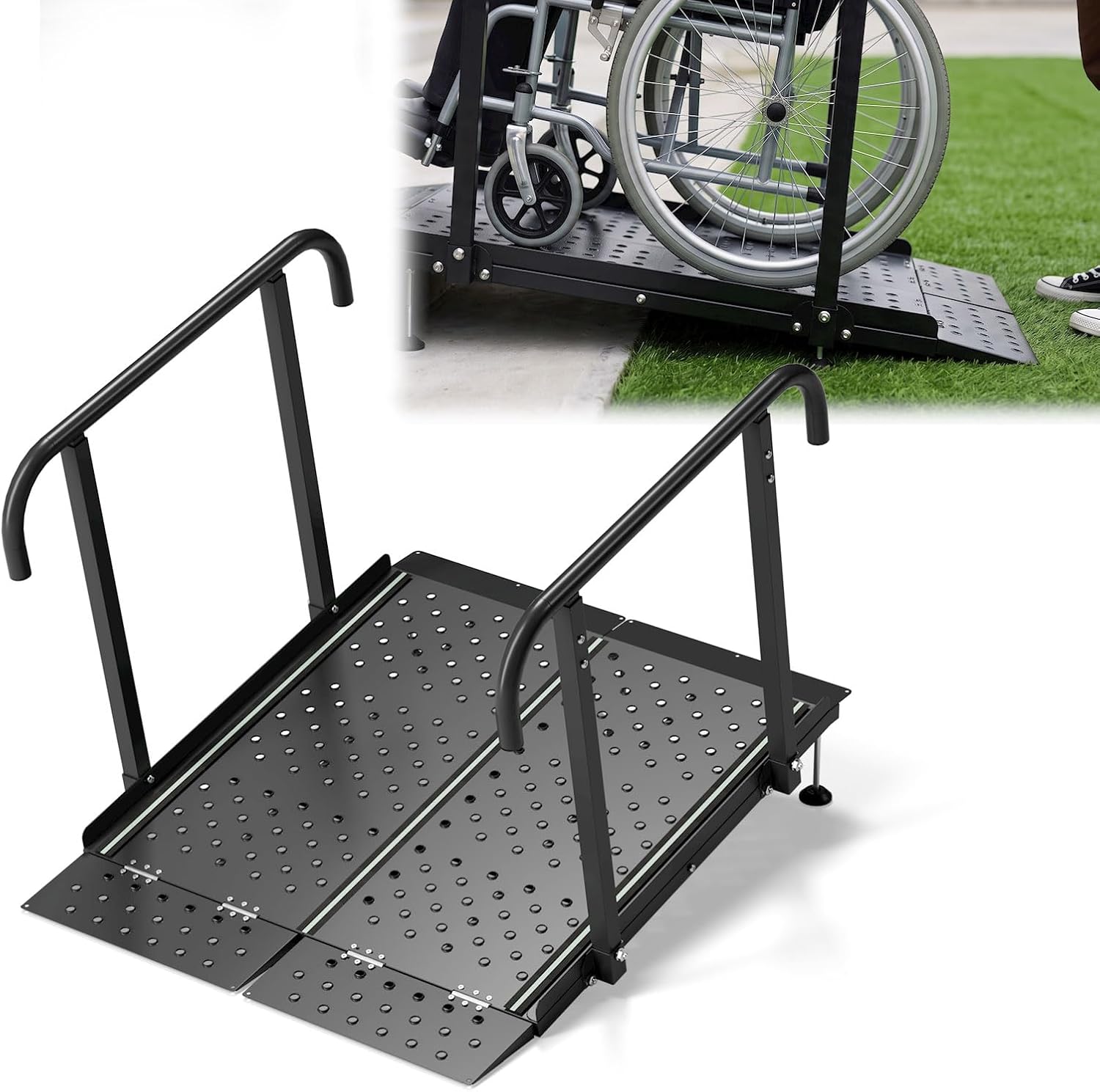 RDCMKL Wheelchair Ramp with Handrails, Non-Slip Carbon Steel, 770 lb Capacity for 3-10 Inch Home Steps