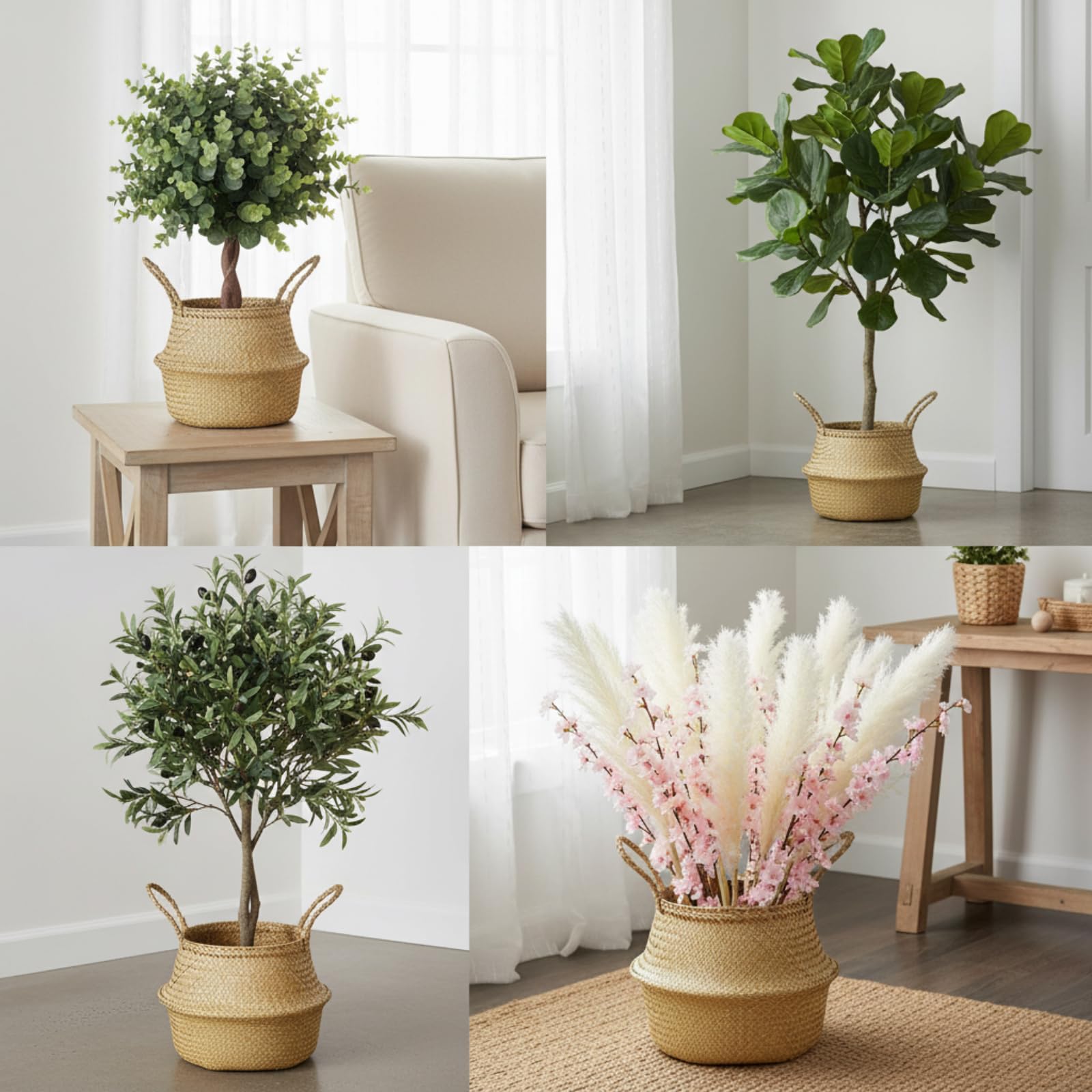 Qunclay 4 cestini in vimini intrecciato, pieghevoli, bohémien, naturali, con manici, rotondi, decorativi, per interni, per casa, esterni, fioriere per alberi (multidimensione)