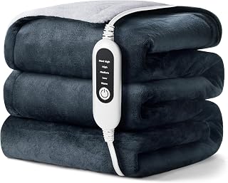 Shodu 50x60 Electric Heated Blanket Throw - Soft Flannel, 5 Heat Levels, Machine Washable, ETL Certified Blue White