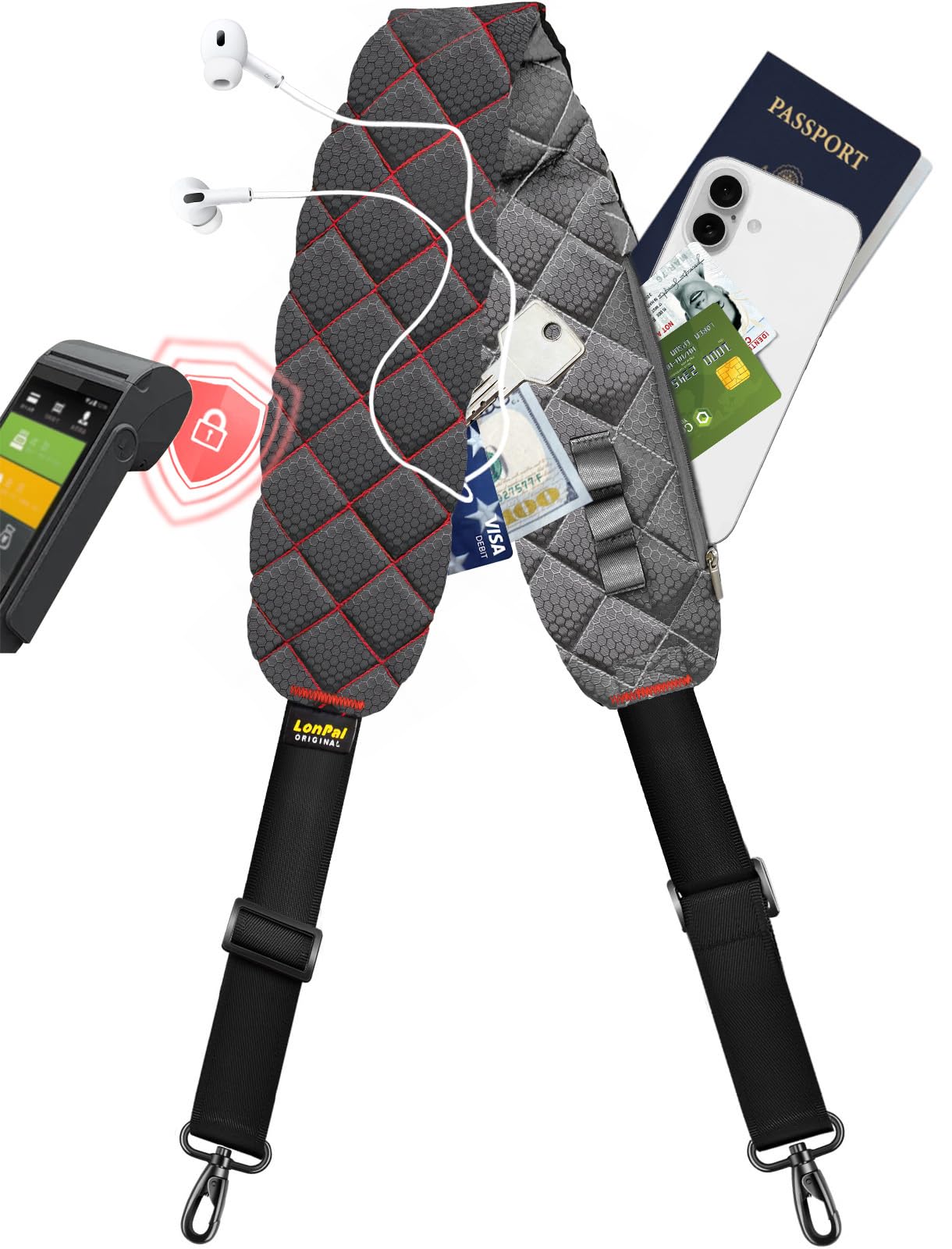 LONPAI Ultra Comfortable Shoulder Strap Bag Belt with Anti-Theft Pockets and Padded, 2 Tone Reversible Use, Stylish & Secure