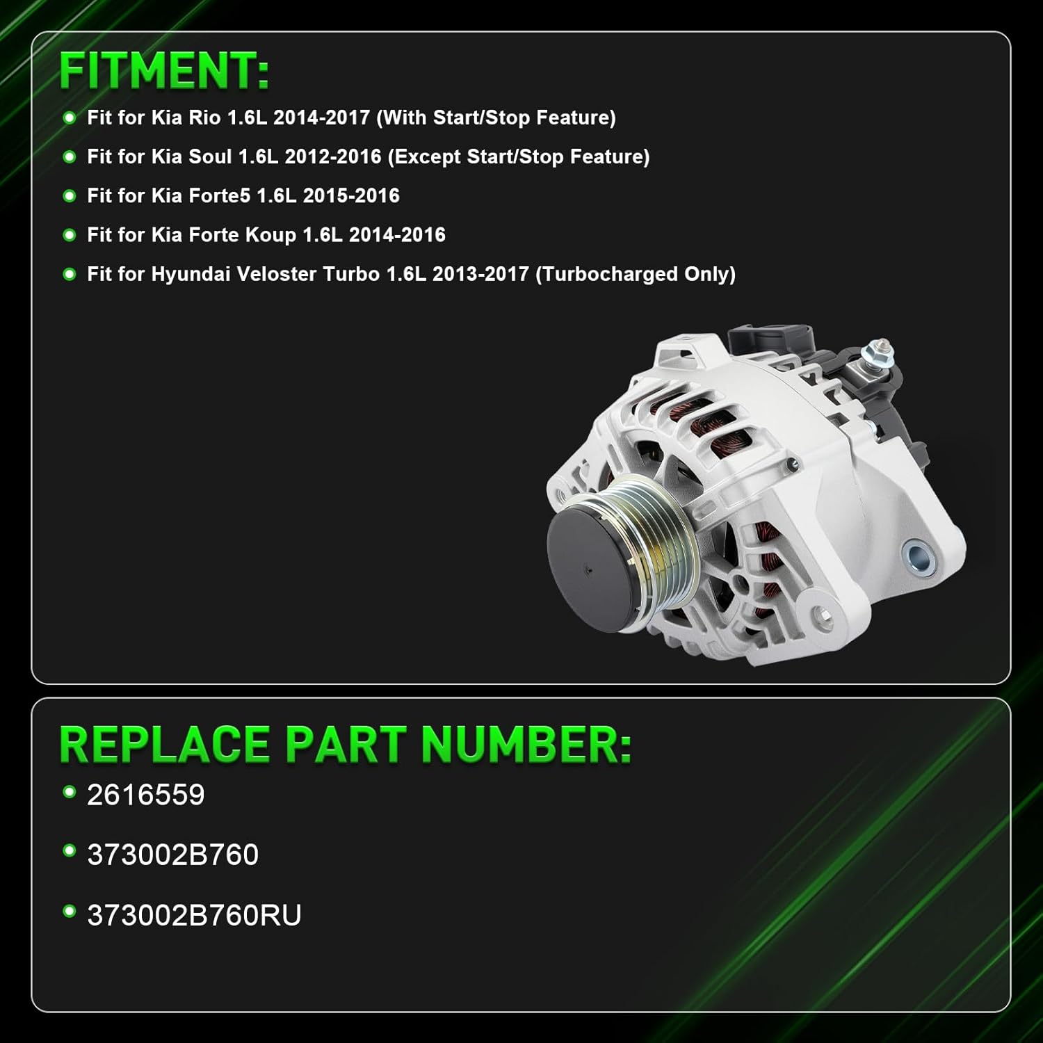 373002B760 Alternator Fit for Kia Rio 2014-2017 Soul 2012-2016 Forte5 2015-2016 Forte Koup 2014-2016 for Hyundai Veloster 2013-2017 110A 12V CW 6-Groove Pulley 373002B760RU