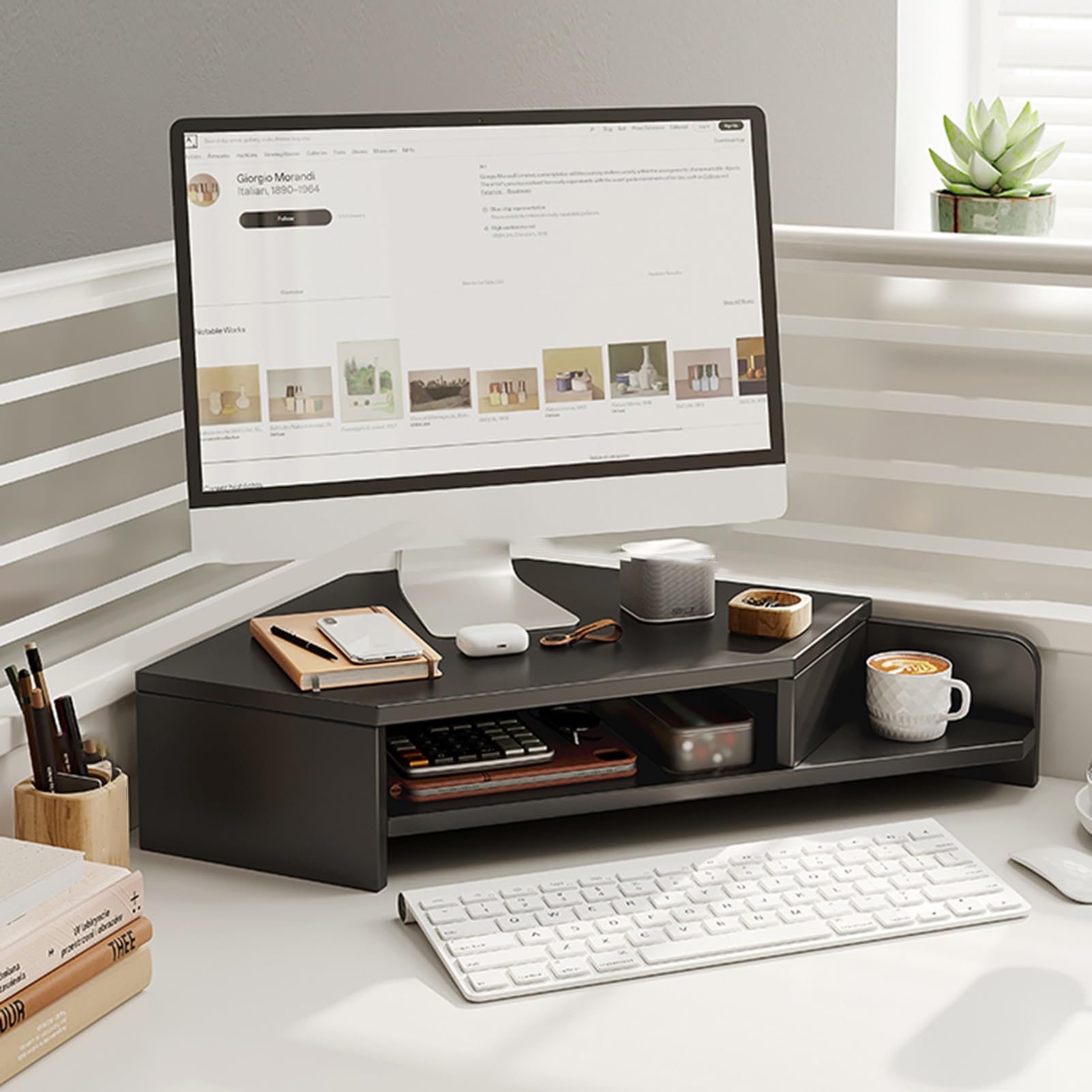 bnjlSDATwr monitor riser， Desktop Organizer Computer Monitor Stand Desk Corner Shelf Lift, Wooden Riser, Ergonomic Tabletop for Laptop/PC Screen/TV, , Brown,White(Black)
