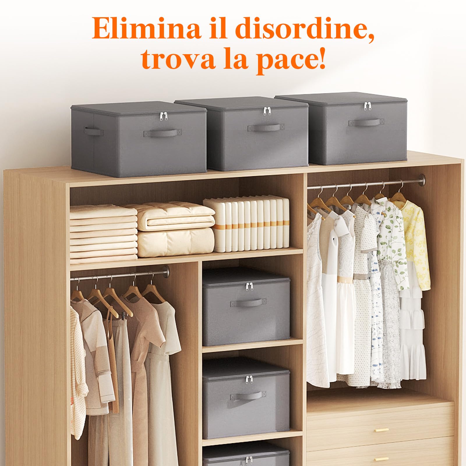 Lifewit Scatole Portaoggetti Tessuto 40L Set di 3, Ceste Portaoggetti con Coperchio, Contenitori per Armadio con Cerniera, Scatole per Armadio Salvaspazio per Vestiti 40×40×25cm, Giocattoli, Grigio