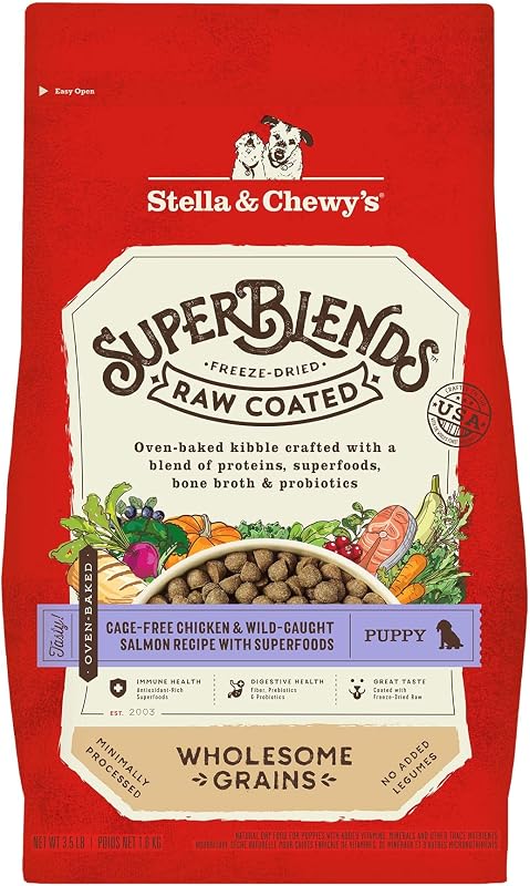 Ração seca para filhotes Stella & Chewy's SuperBlends com frango cage-free e salmão selvagem, grãos integrais e cobertura crua, 1,59 kg