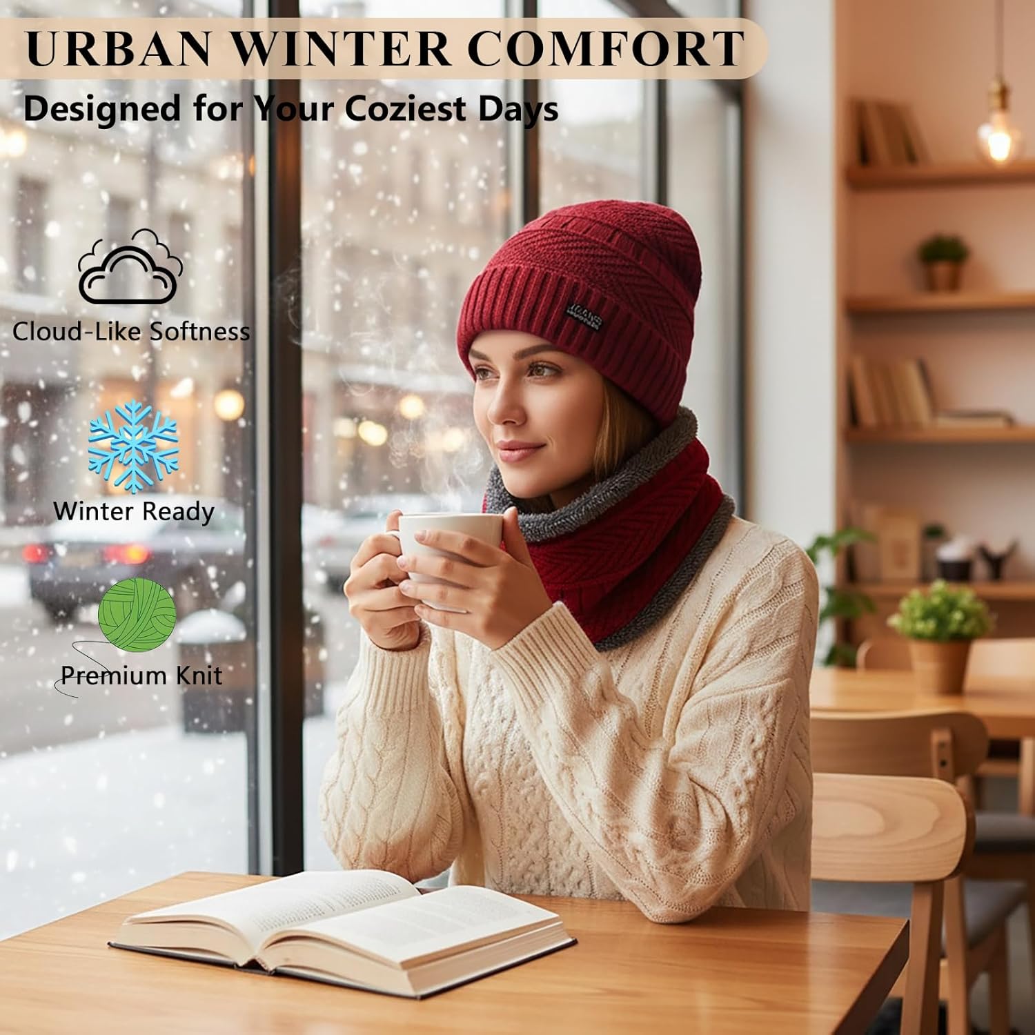 冬用ビーニー&amp;スカーフセット、ネイビーブルー、フリース裏地リブニット、2枚