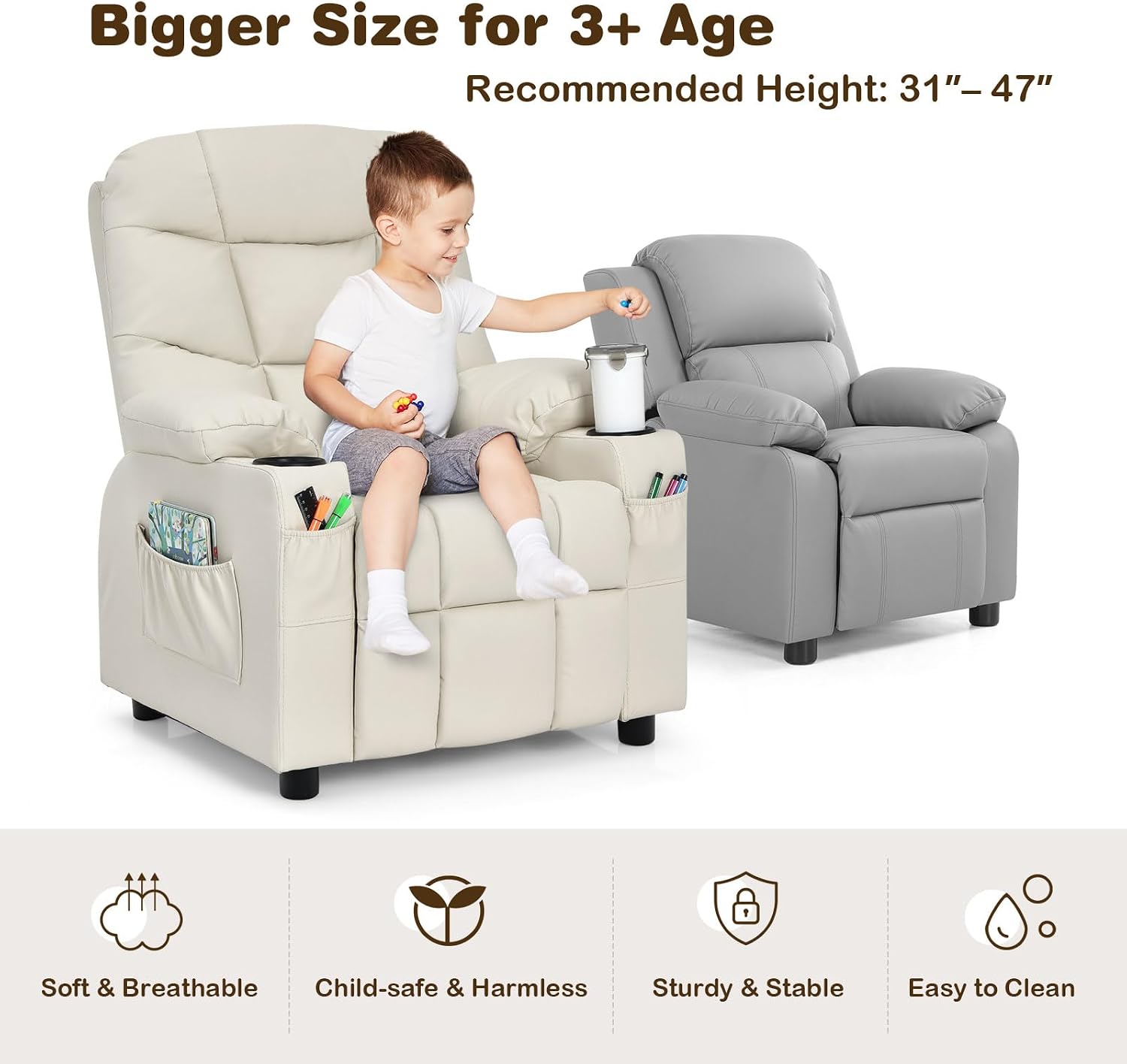 GLACER Kids Recliner Chair w/Cup Holder & Side Pockets, Children Recliner w/Comfortable Backrest, Armrests & Footrest, Toddler PU Leather Recliner for Boys Girls, 3+ Age Group (Beige)