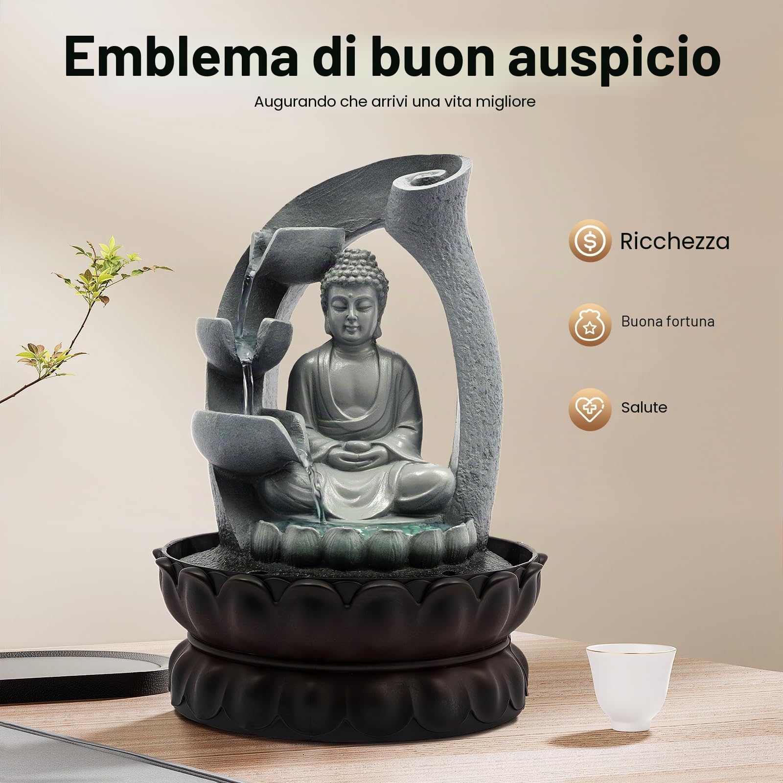 Fontana da interni Buddha, fontana da interni con luci a LED, decorazione Buddha, fontana zen da interno, decorazione per il soggiorno, fontana da tavolo con Buddha e loto.