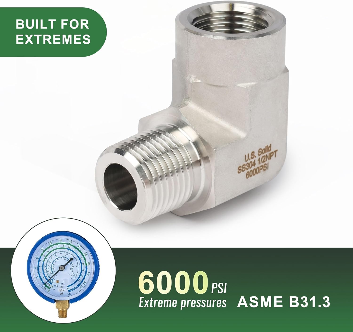 U.S. Solid 304 Stainless Steel High Pressure 6000 Psi 90 Degree Barstock Street Elbow (Male*Female) (Pack of 2)