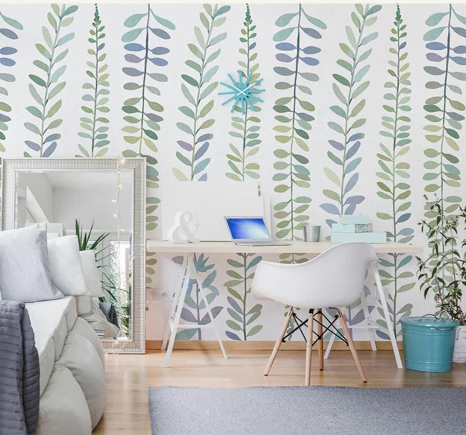 Xlming 150Cm×105Cm(B×H) Fresh Hand Drawn Leaves Vines Art 3D Wallpaper Silky Texture Home Study Office Grey Dining Room Sofa Bedroom Living Room Tv Backdrop-150Cm×105Cm