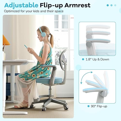 Miniatura 8 de Costzon Silla de escritorio para niños, silla ergonómica para computadora con ruedas, reposapiés, altura ajustable, reposabrazos abatibles y cojín