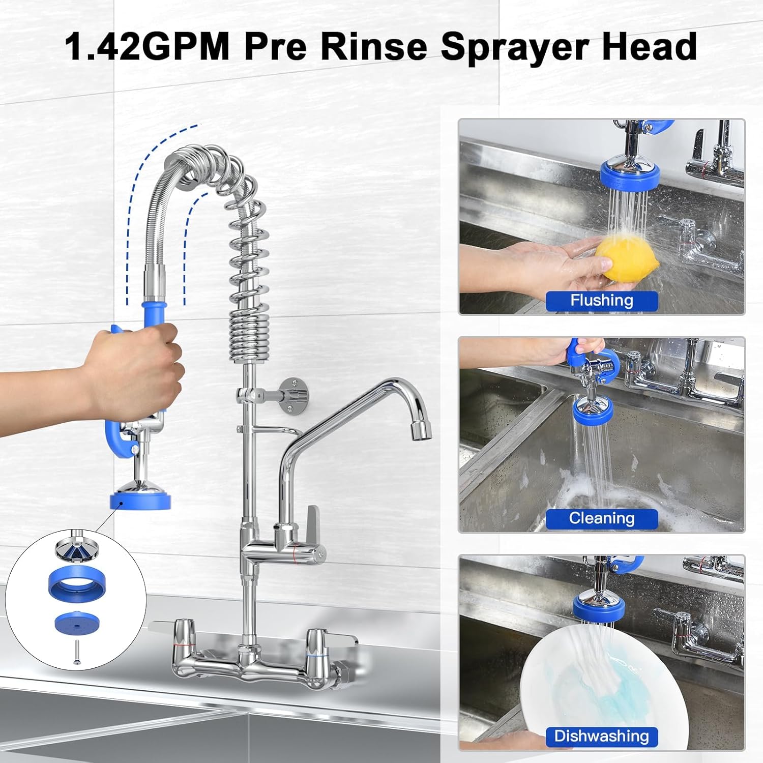 Commercial Faucet with Sprayer 25" Height 8" Adjustable Center 10" Swing Spout,Brass Constructed Wall Mount Kitchen Sink Faucet with Pull Down Pre-Rinse Sprayer for 1/2/3 Compartment Sink