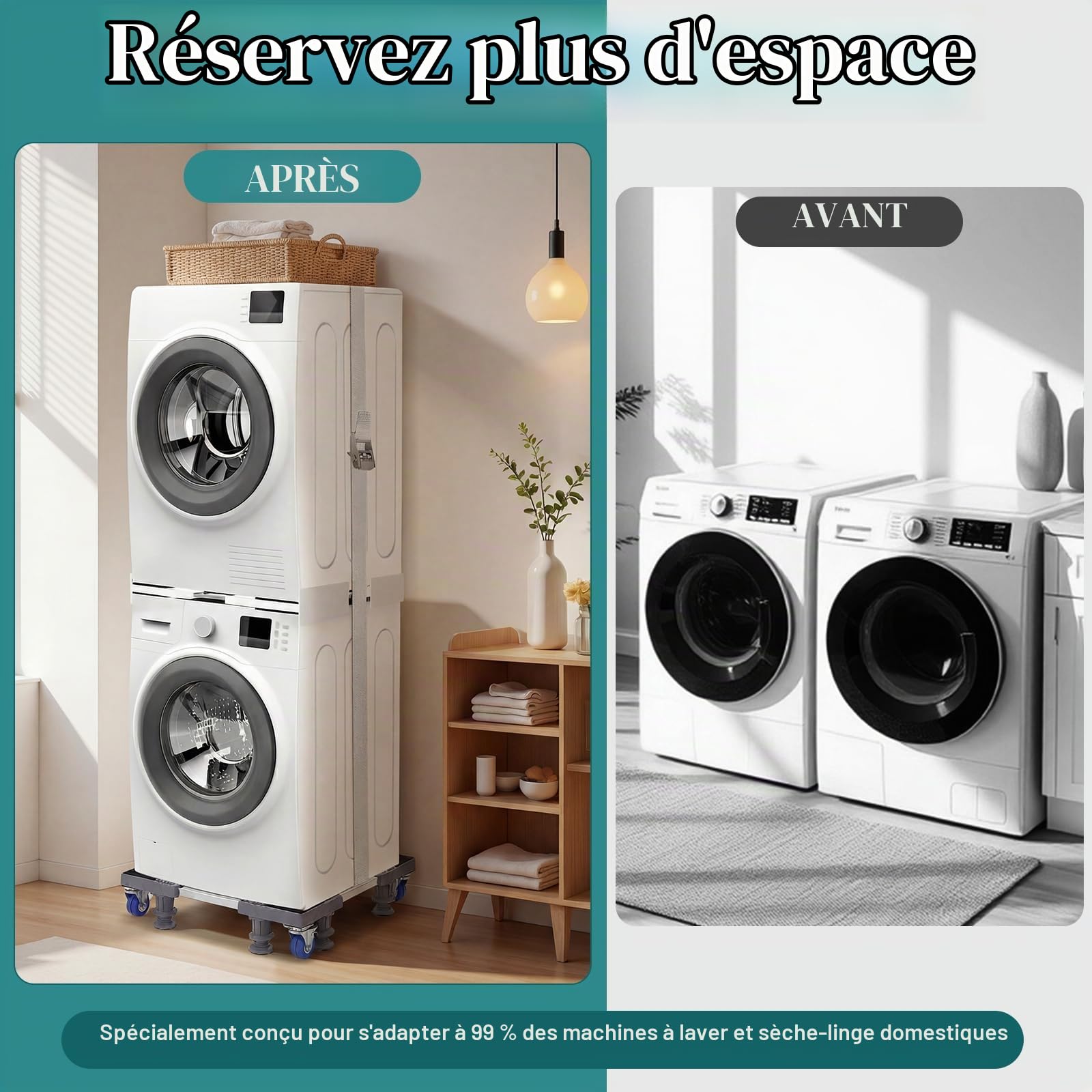 Kit de Superposition Réglable pour Lave-Linge et Sèche-Linge avec Socle Mobile, Cadre 46–72 cm, Base 43–60 cm, 4 Roulettes avec Frein, 8 Pieds Anti-Vibration, Sangle à Cliquet 6 m