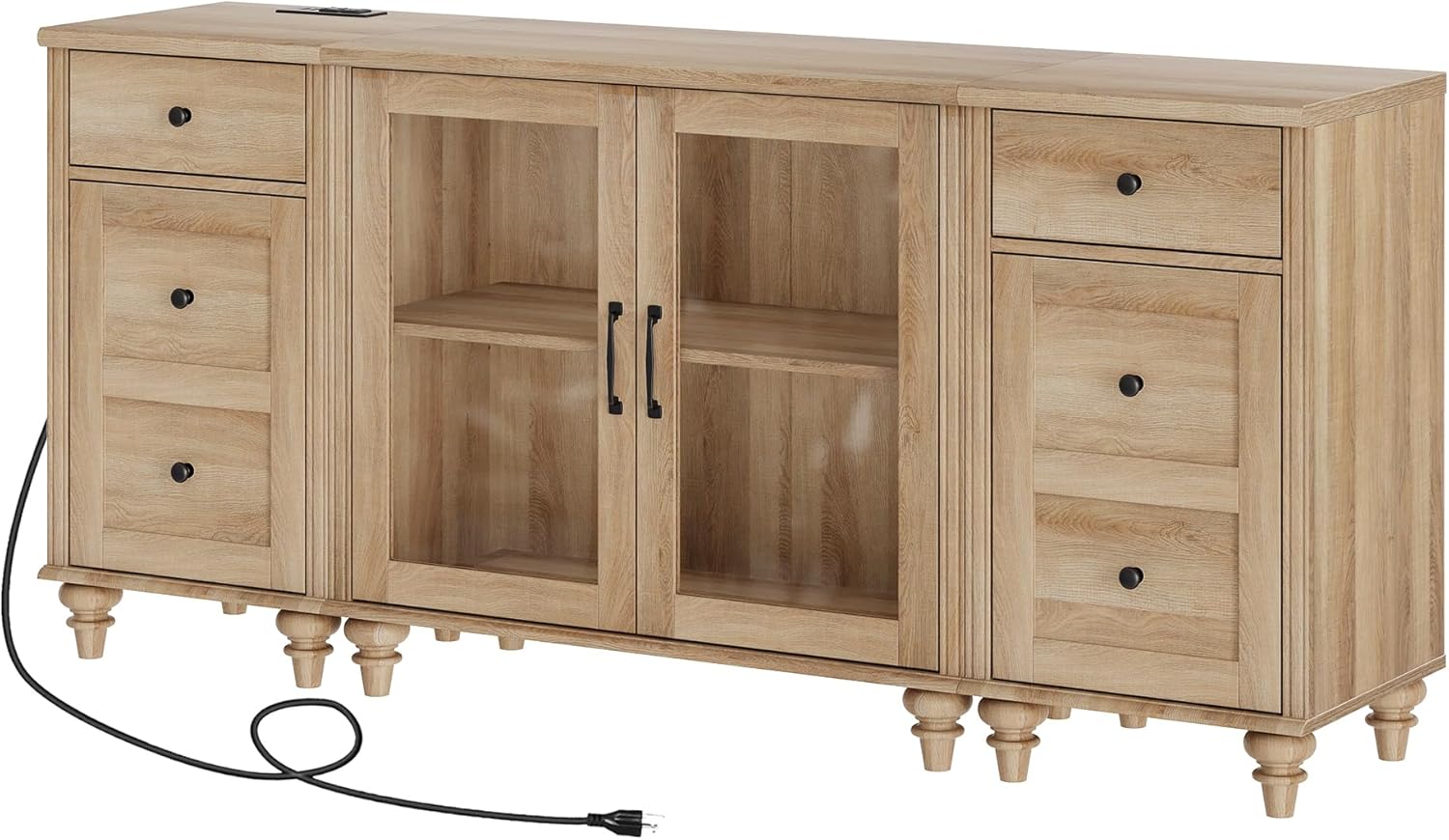 WAMPAT TV Stand for 75 Inch TV, Wood TV Cabinet Entertainment Center with Charging Station, Glass Door Buffet Cabinet for Dining Room, Oak