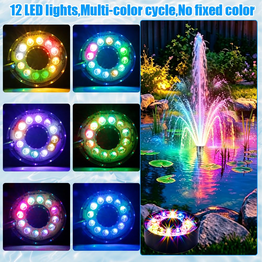 Pompa do fontanny zewnętrzna z diodami RGB LED, 750 l/h, 15 W, 220 V, z kablem 3 m, pompa do stawu, do mini stawu, 3 dysze, pompa do akwarium, fontanna ogrodowa, mała pompa do stawu ogrodowego