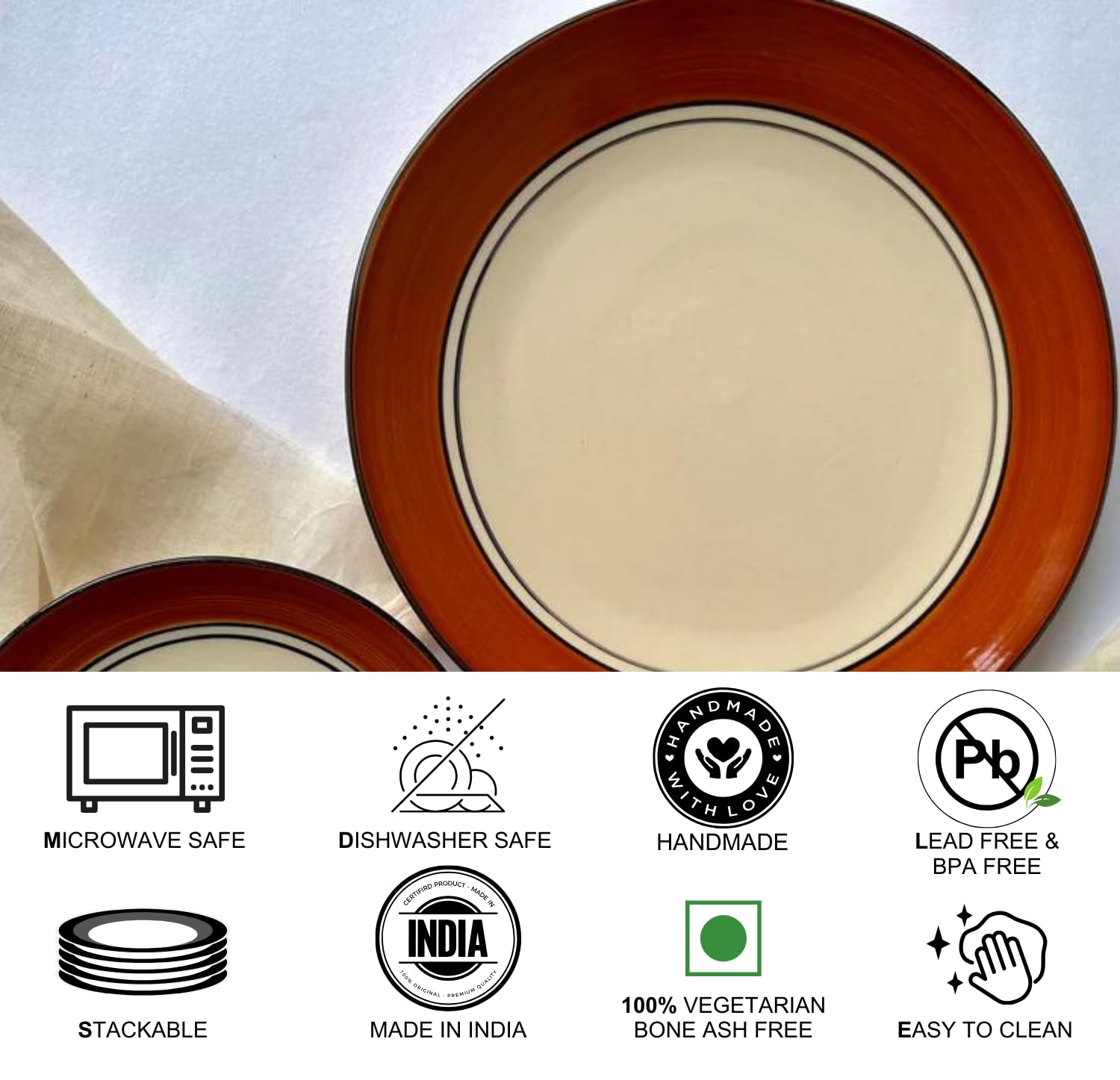 Freakway Glossy Finish Brown and White Handcrafted Ceramic Dinner Plates 10 Inch Set of 4 Pieces | Microwave & Dishwasher Safe - Multicolor 3