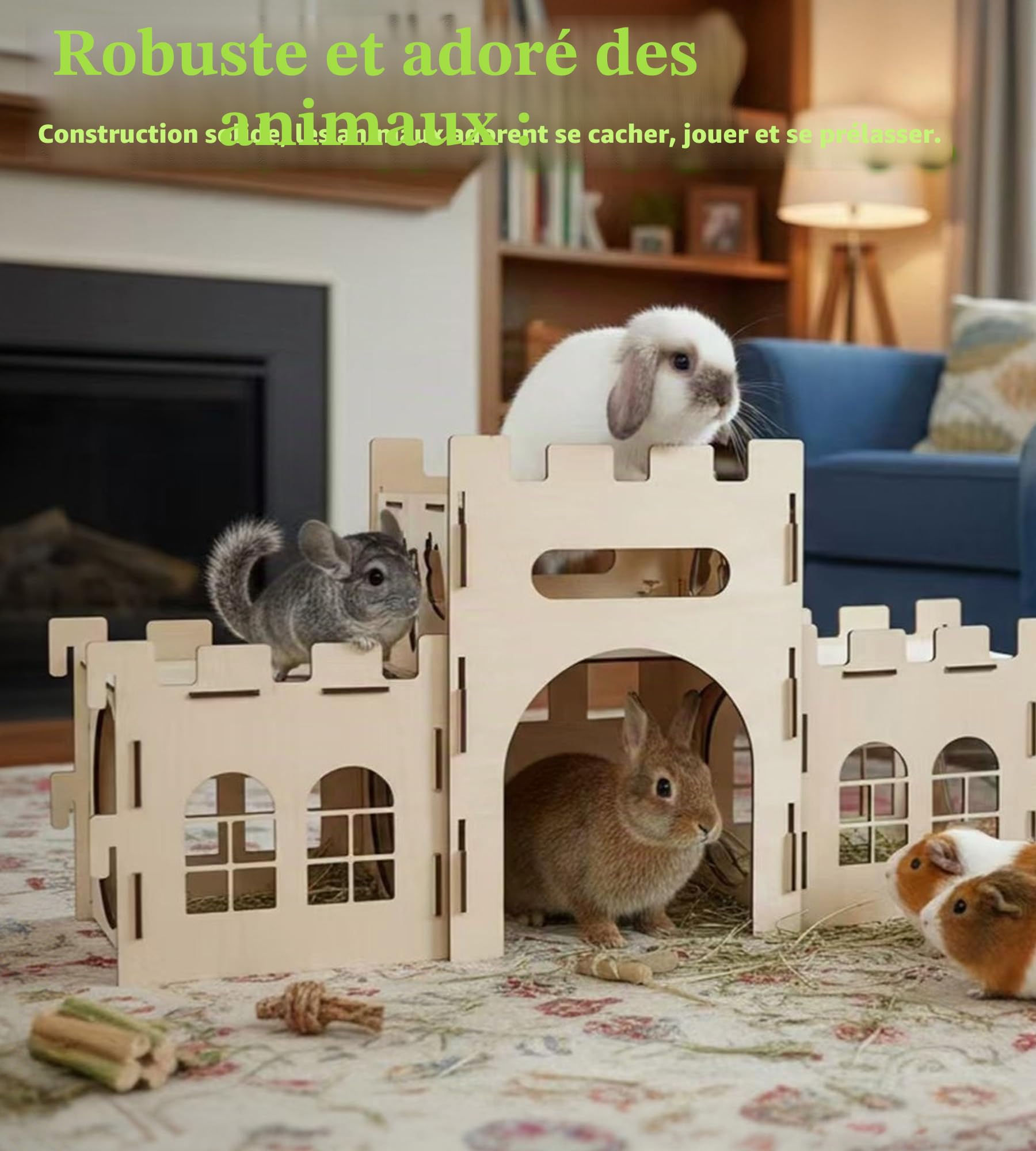 HIIMALEX Cachette de château de Lapin Extra Large pour l'intérieur - Balcon divisé pour Lapins - Tour d'escalade avec Tunnel - Maison Stable pour Lapins, furets, cochons d'Inde, Hamsters