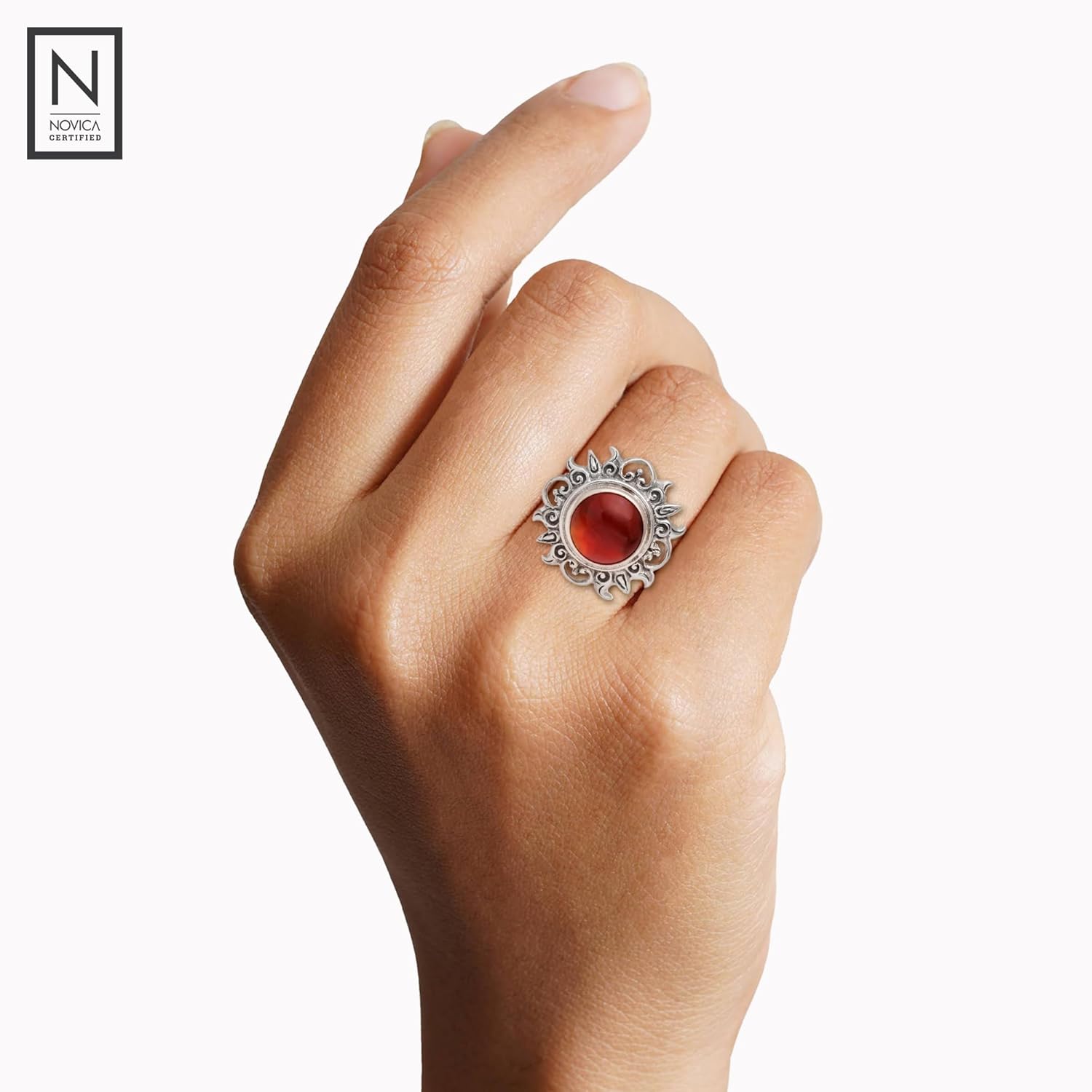 NOVICA Artisan Handmade Carnelian Cocktail Ring Sun Themed .925 Sterling Silver Red Indonesia Birthstone 'Light Of The Universe' - Image 6
