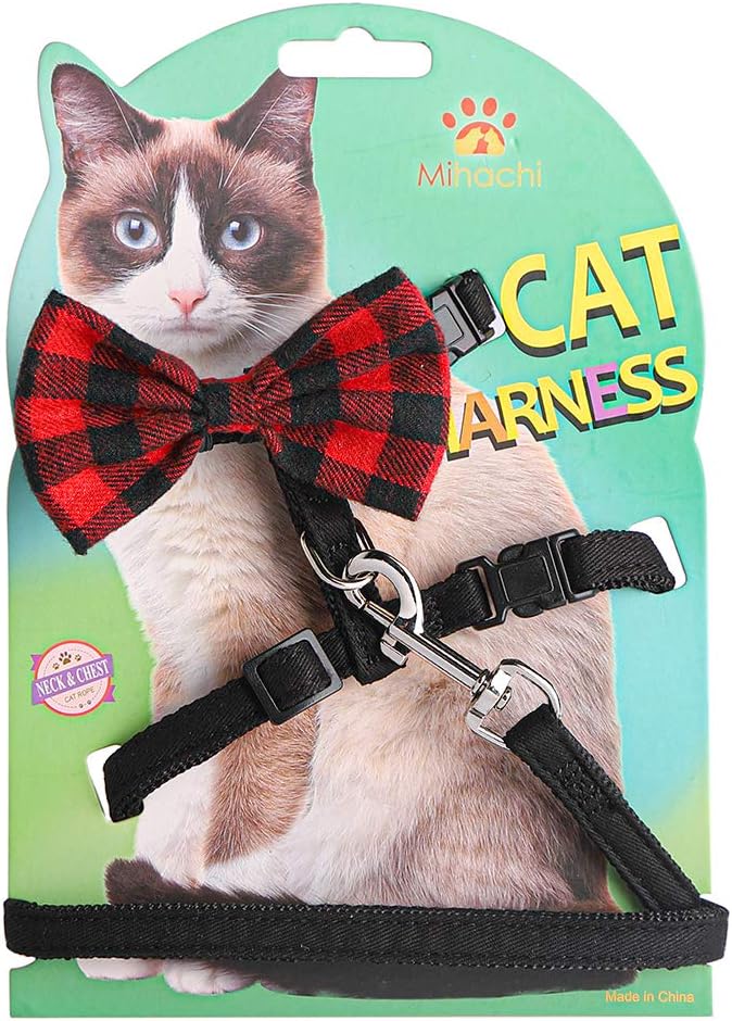Cat Harness Christmas Adjustable with Removable Bowtie-for Kitty & Rabbit, Harness and Leash Set, Black