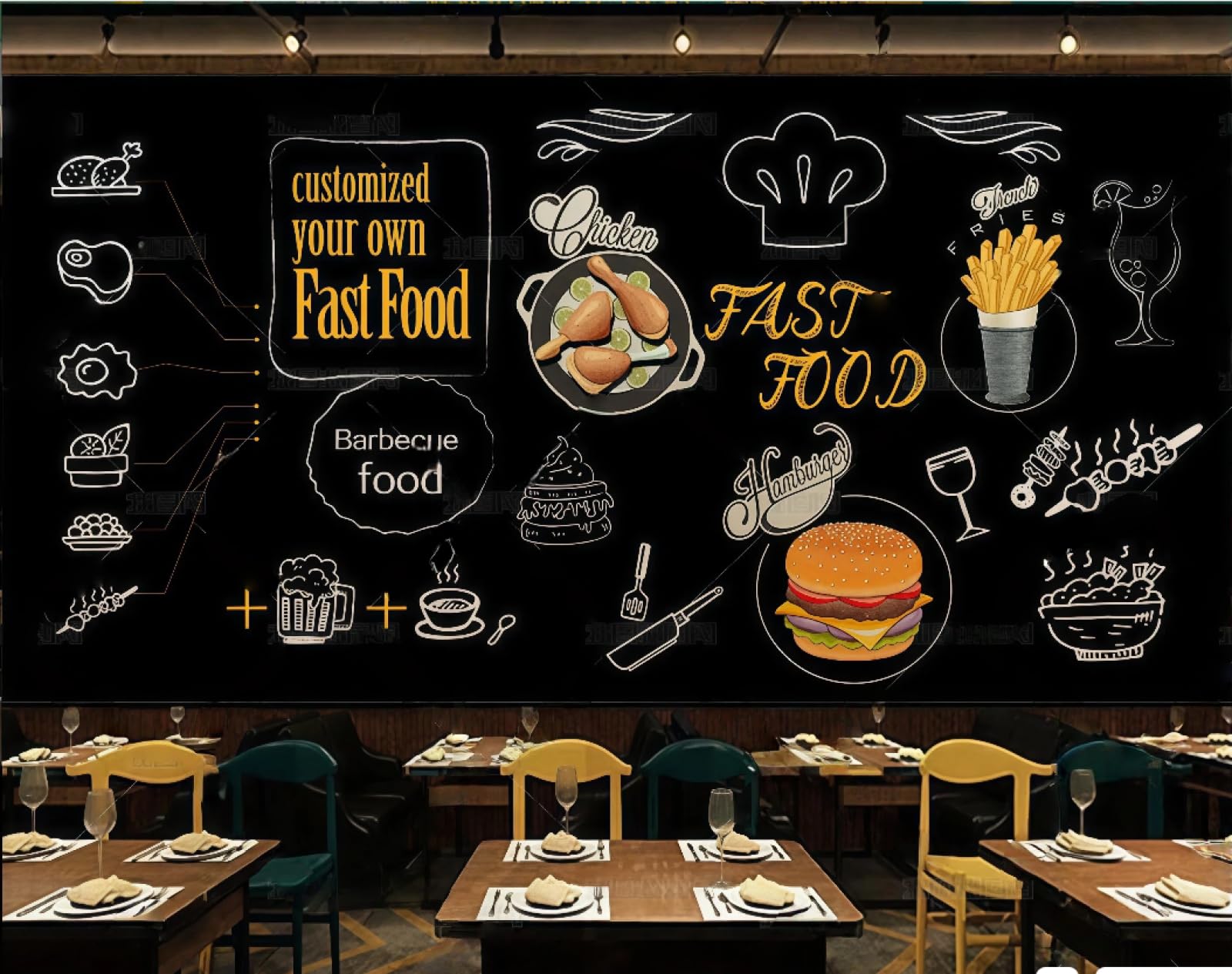 XDOUBAO Wallpaper Black Hand-Painted Burger Fried Chicken Fast Food Theme Bar Drink Shop Afternoon Tea Western Restaurant Background Wall Wallpaper Coffee Shop Mural,3D,150x105cm