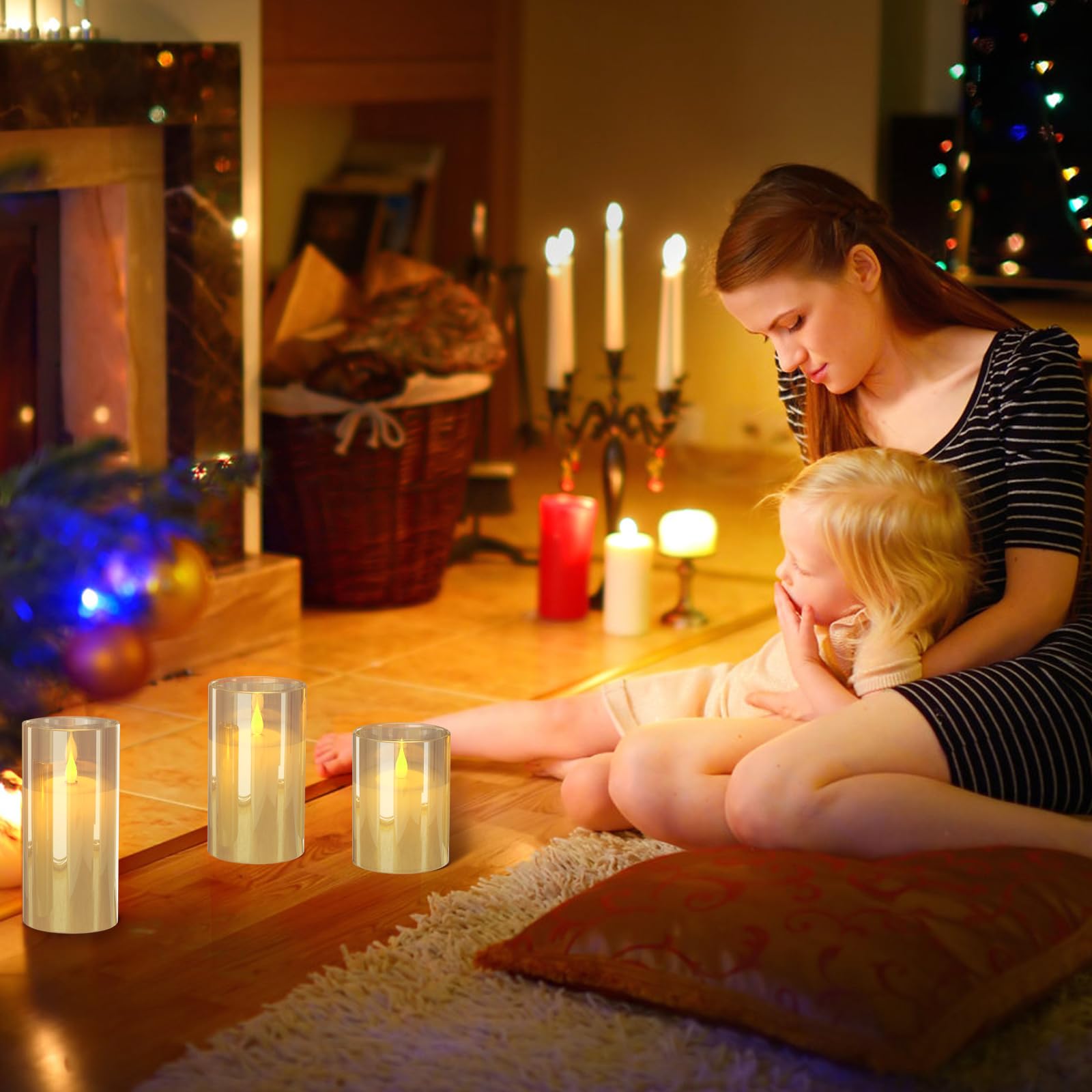 EXTSUD Velas LED sin llama recargables con estación de carga y mando a distancia, juego de 3 velas decorativas intermitentes de cristal con temporizador para fiestas, cumpleaños, bodas (Marrón)