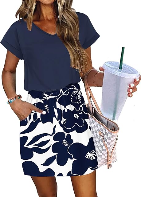 WNEEDU Women Summer Dress V Neck Beach Vacation Dresses with Pockets