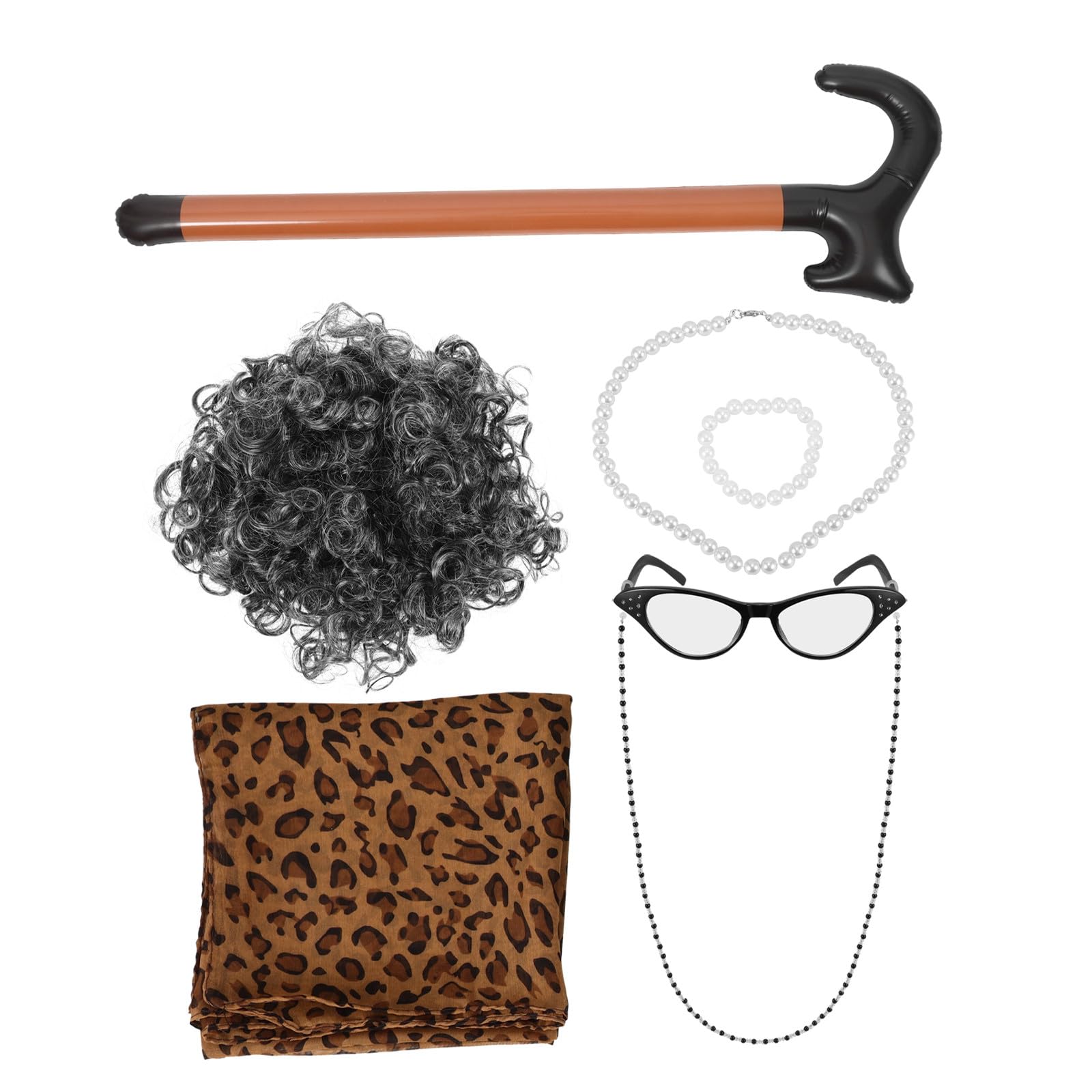 Postiche grise bouclée synthétique et ensemble d'accessoires grand-mère - 8