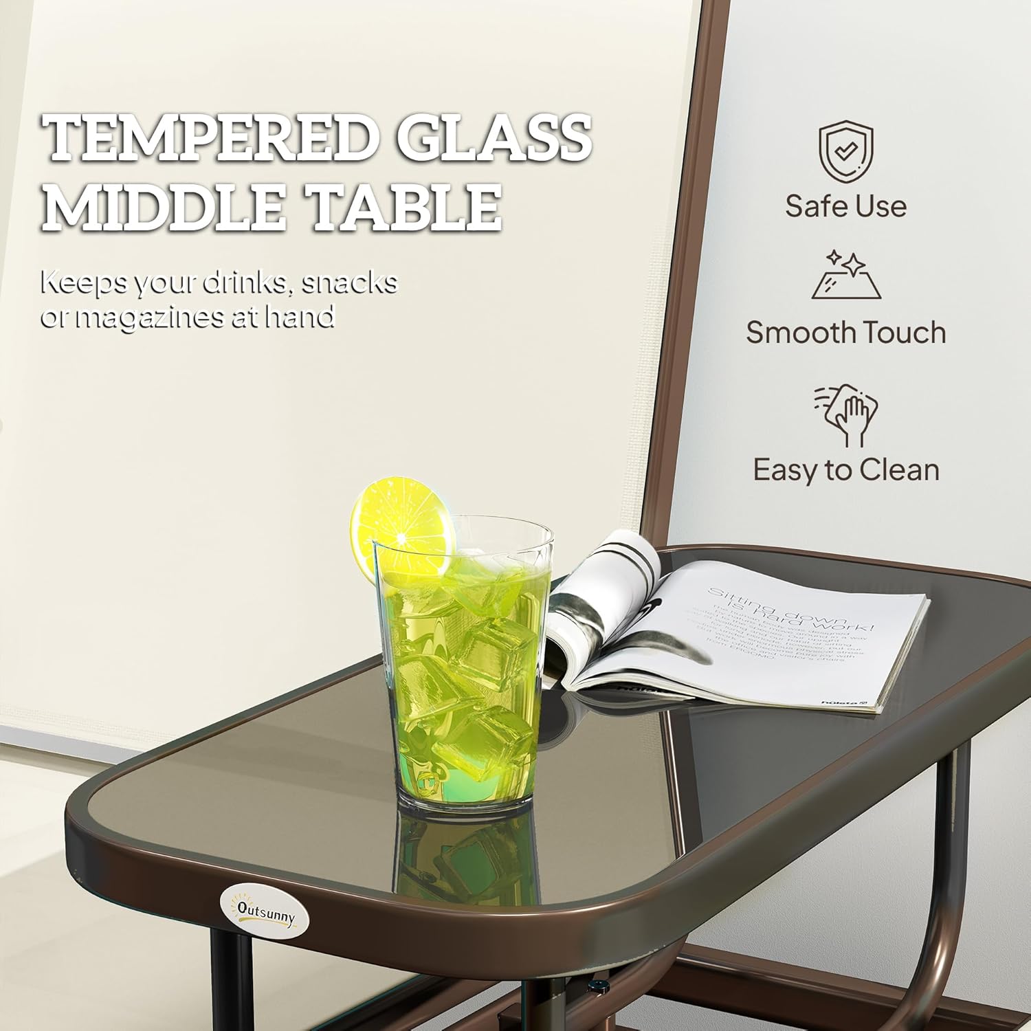 Outsunny Outdoor Glider Bench with Center Table, Metal Frame Patio Loveseat with Breathable Mesh Fabric and Armrests for Backyard Garden Porch, Beige